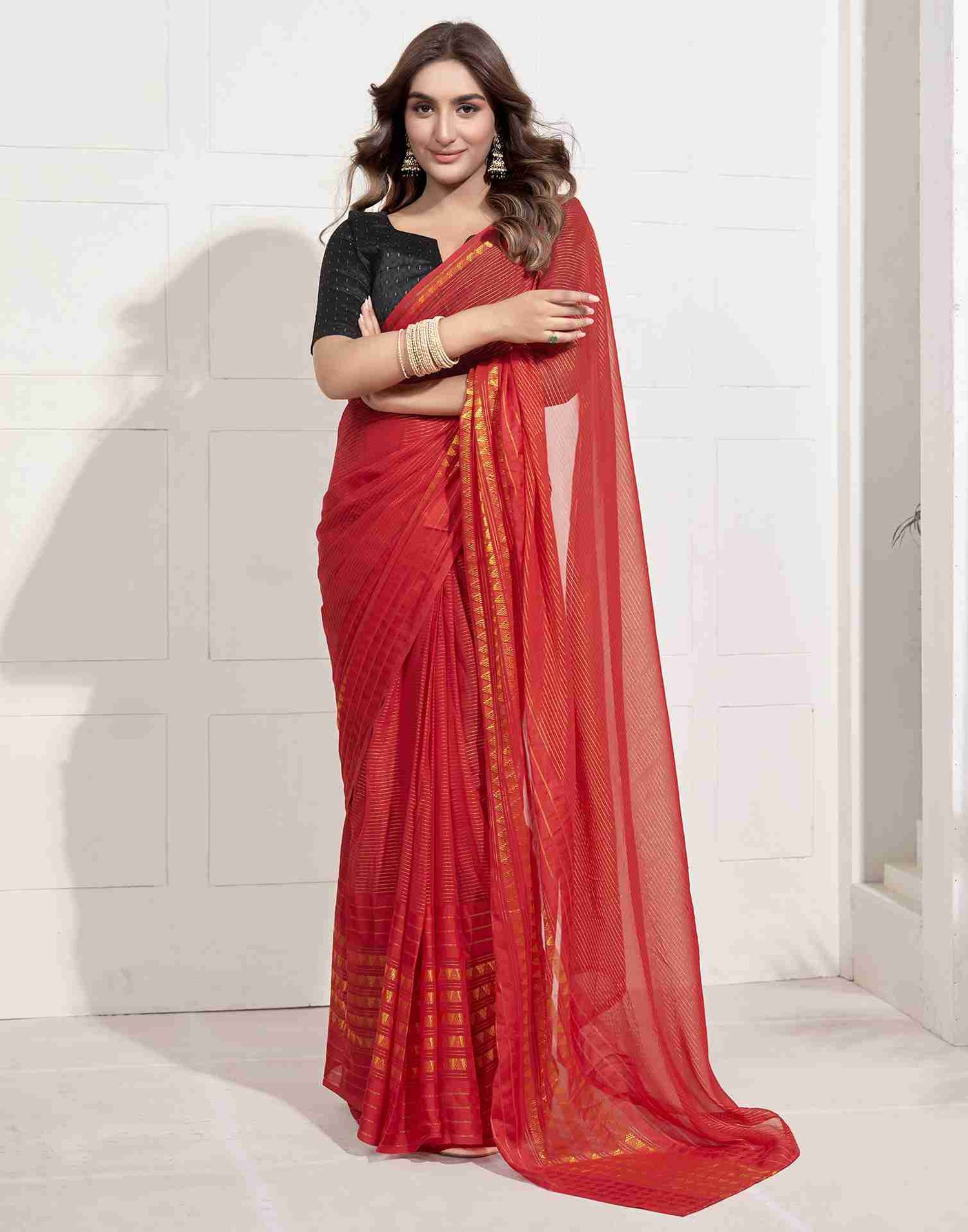 Ready To Wear Red Georgette Plain Printed Saree