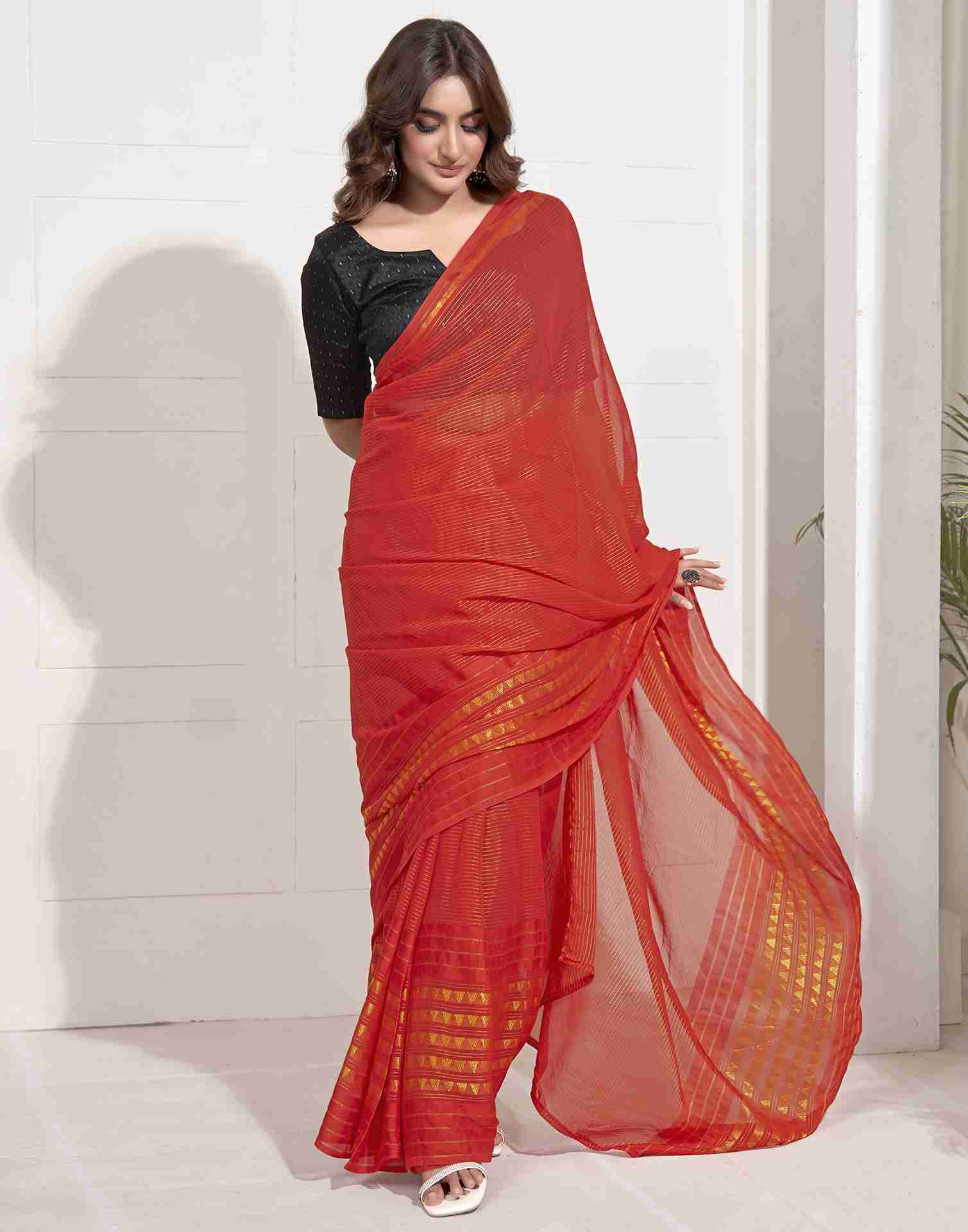 Ready To Wear Red Georgette Plain Printed Saree