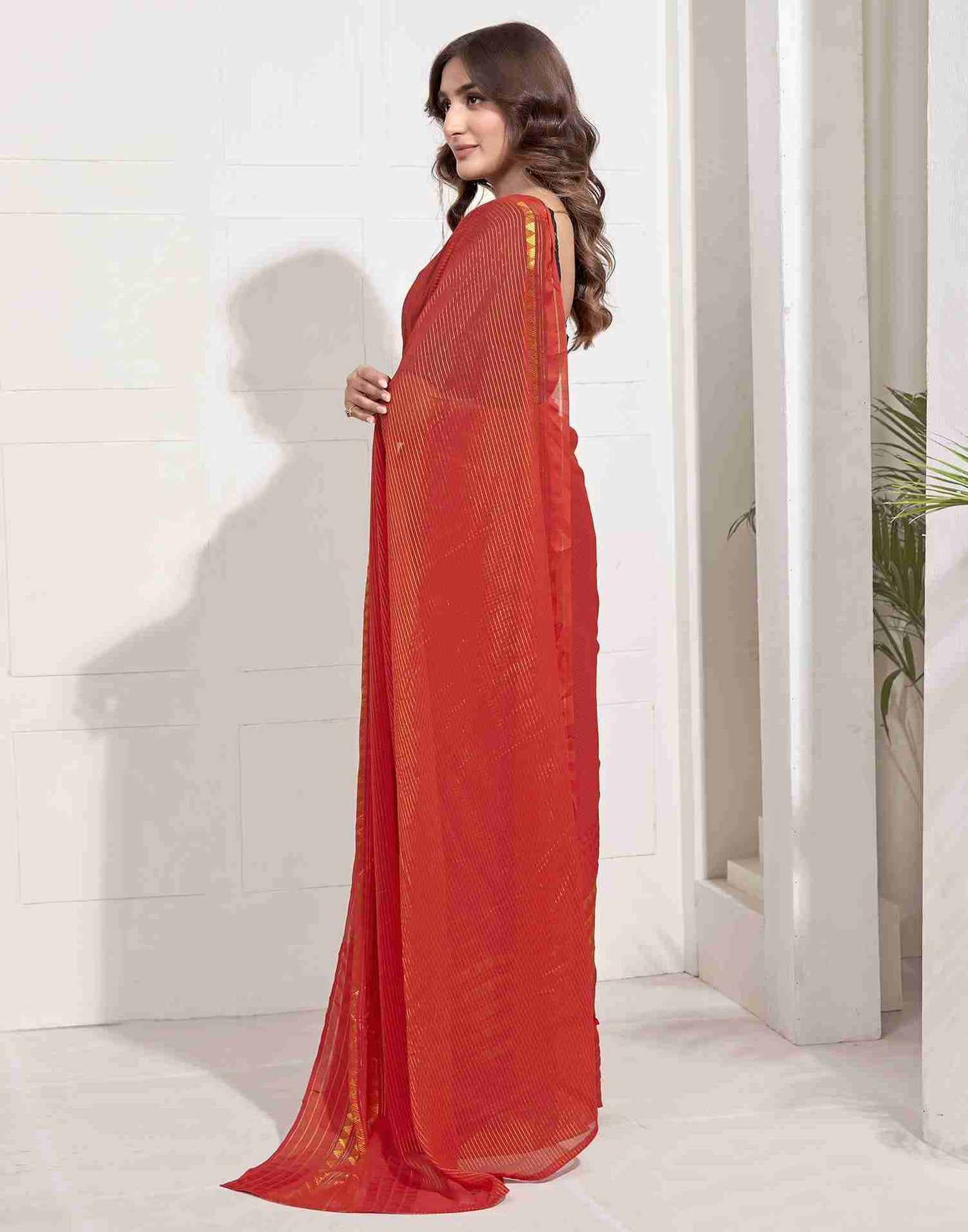 Ready To Wear Red Georgette Plain Printed Saree