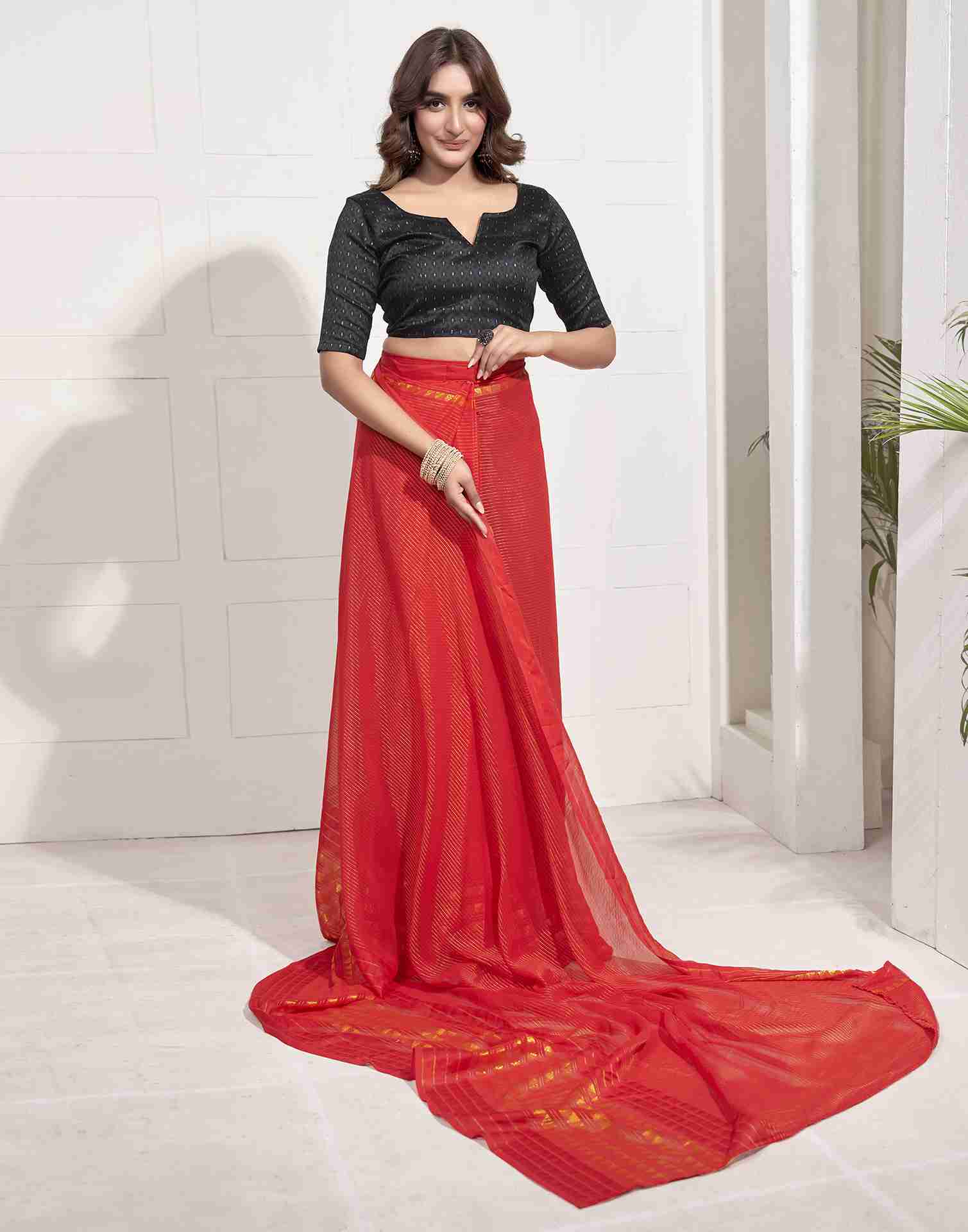 Ready To Wear Red Georgette Plain Printed Saree