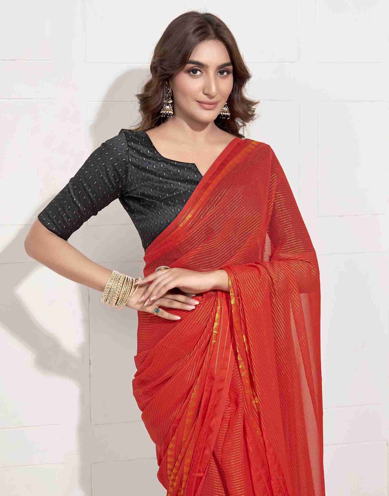 Ready To Wear Red Georgette Plain Printed Saree