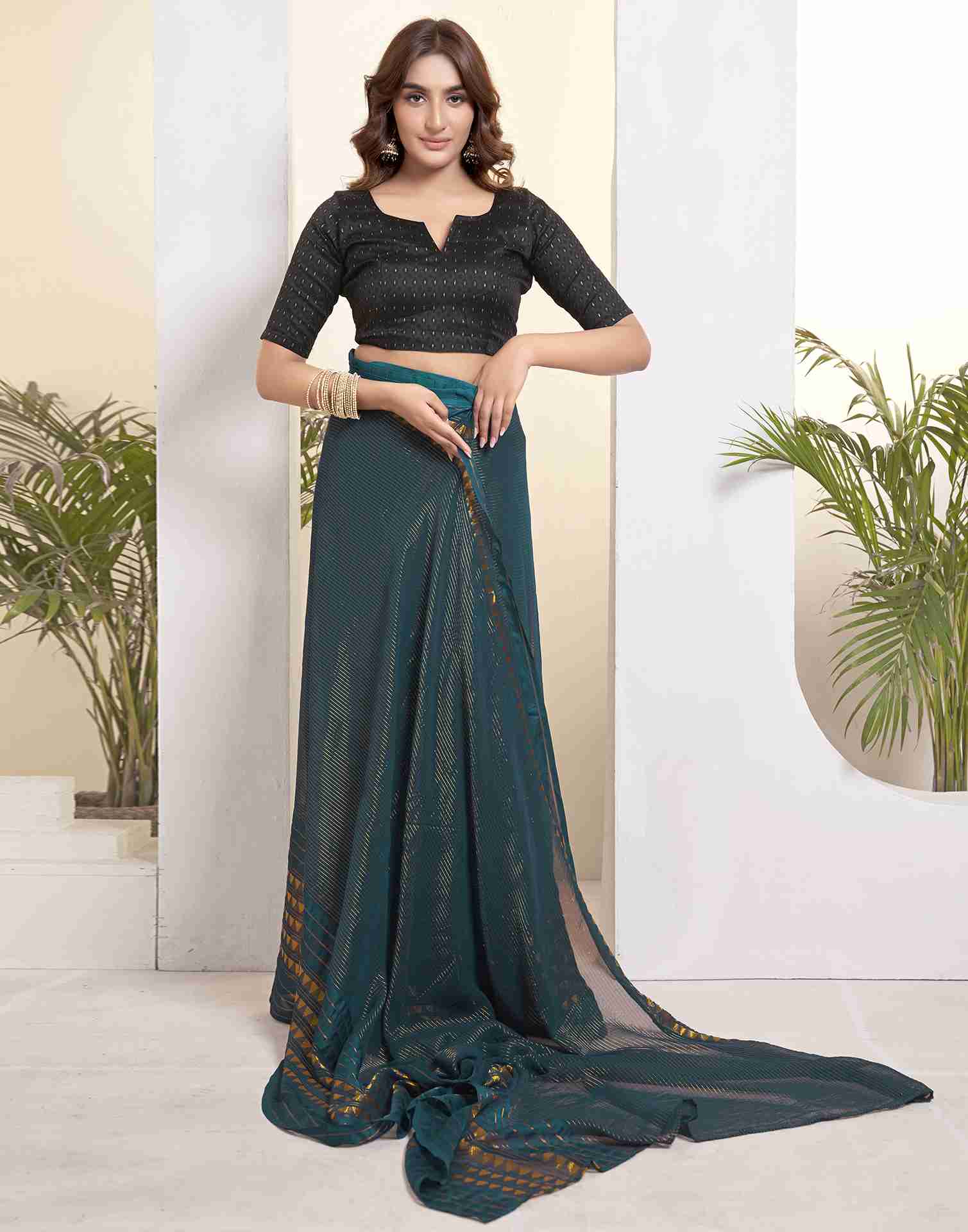 Ready To Wear Rama Blue Georgette Plain Printed Saree