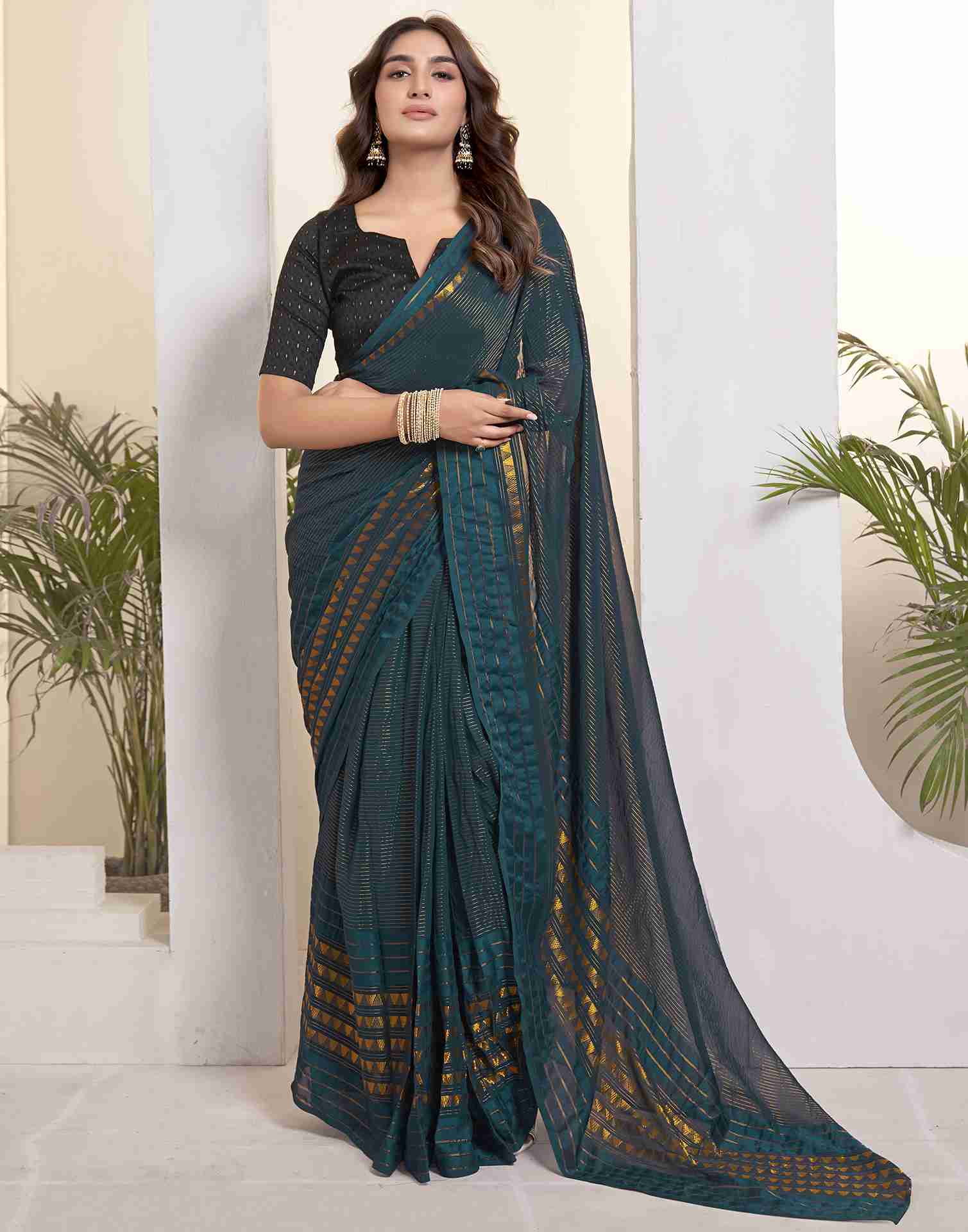 Ready To Wear Rama Blue Georgette Plain Printed Saree