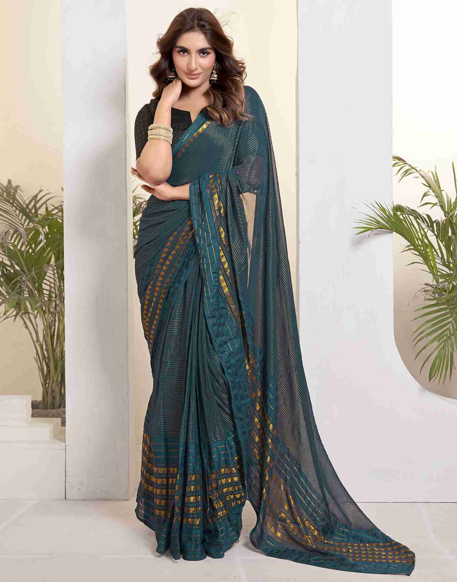 Ready To Wear Rama Blue Georgette Plain Printed Saree