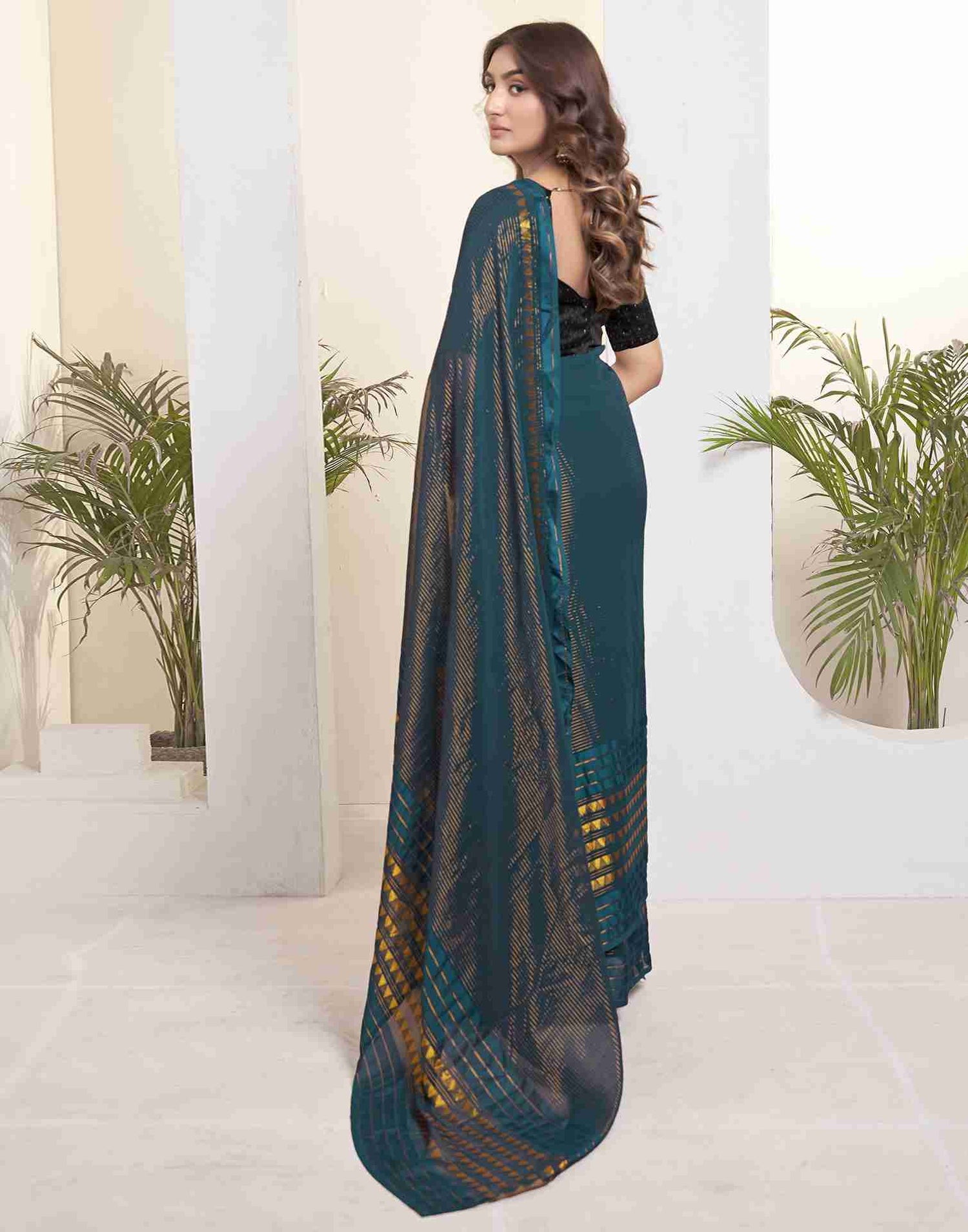 Ready To Wear Rama Blue Georgette Plain Printed Saree