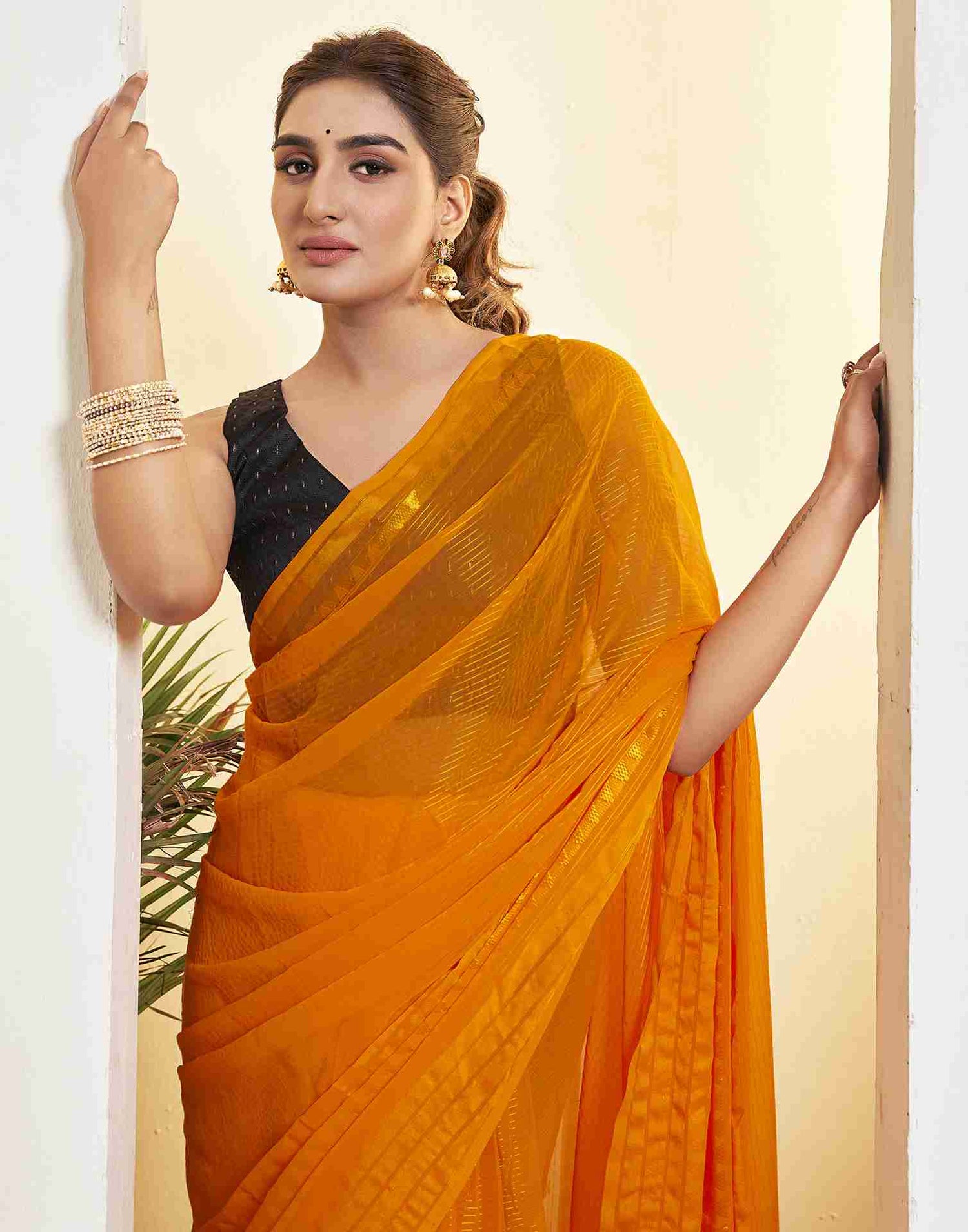 Ready To Wear Orange Georgette Plain Printed Saree