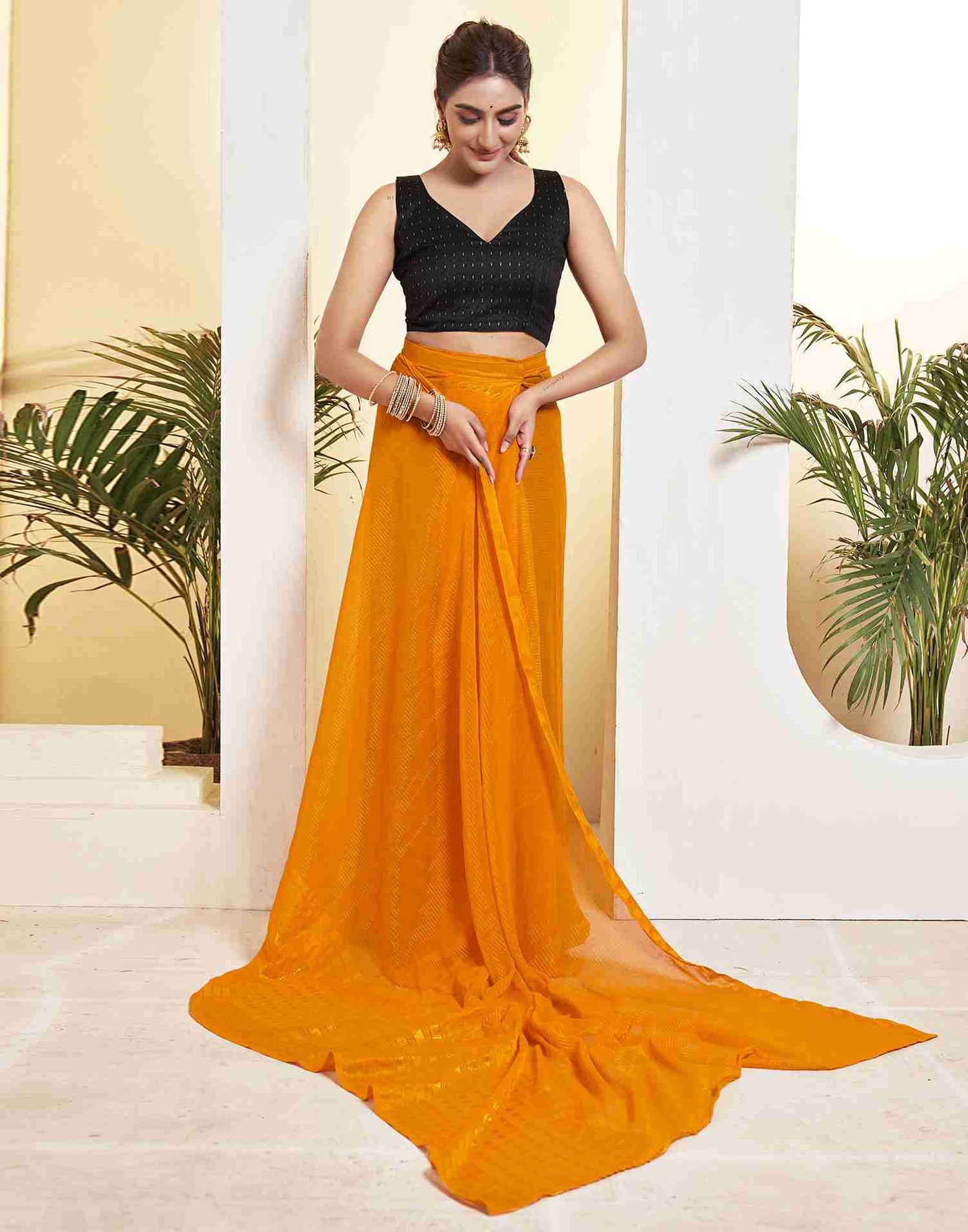 Ready To Wear Orange Georgette Plain Printed Saree