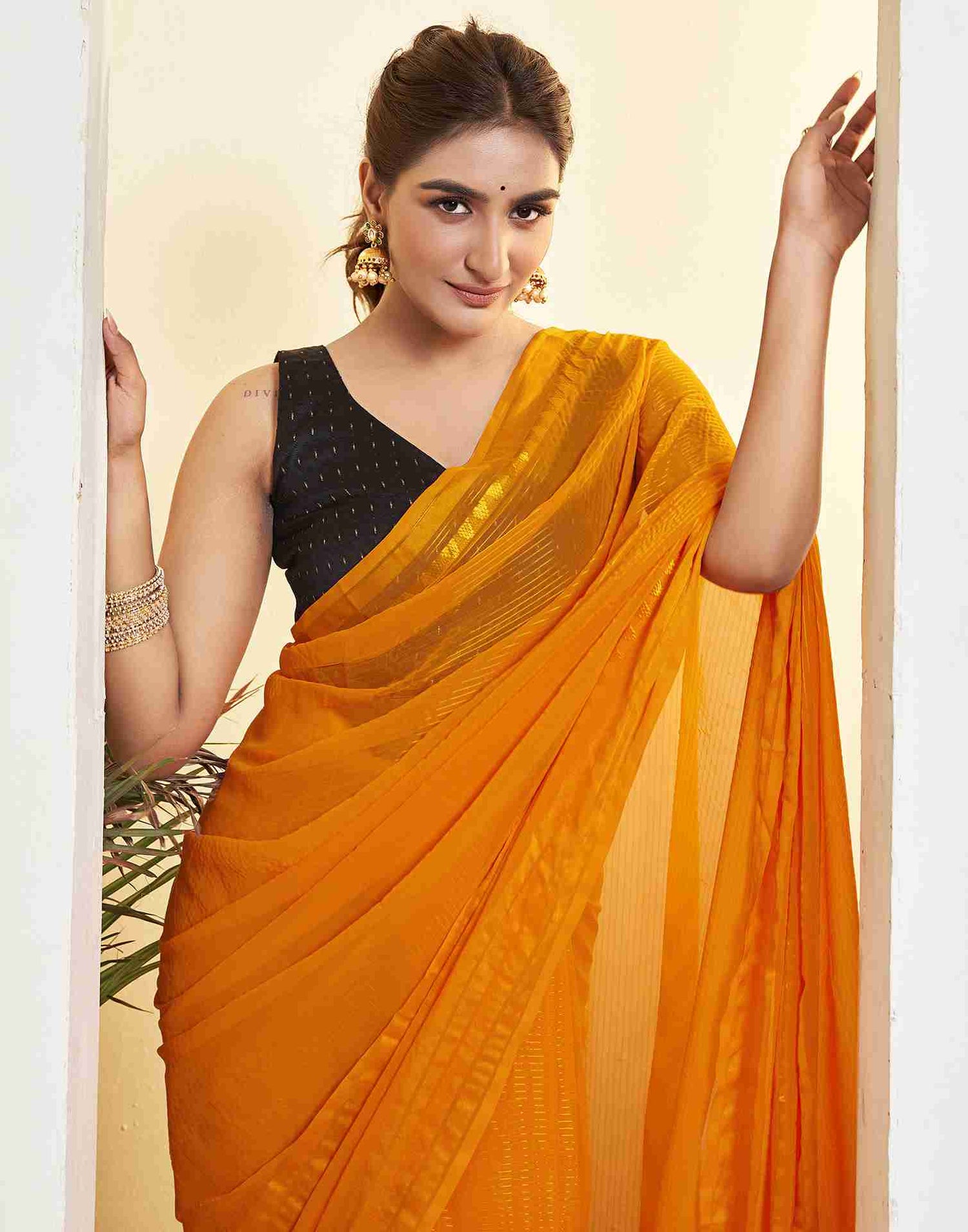 Ready To Wear Orange Georgette Plain Printed Saree