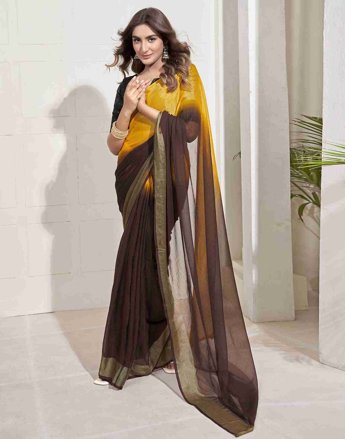 Ready To Wear Dark Brown Chiffon Plain Saree