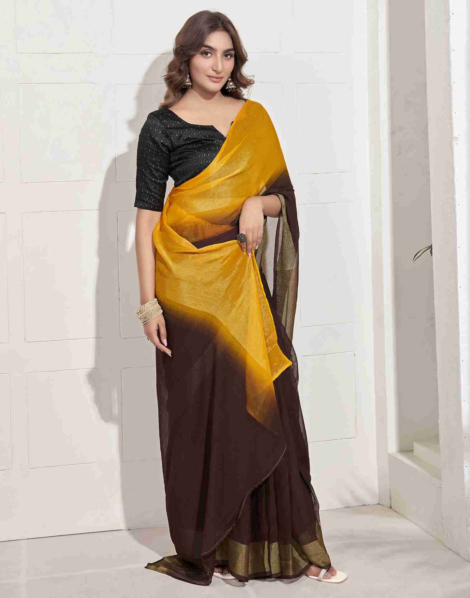 Ready To Wear Dark Brown Chiffon Plain Saree