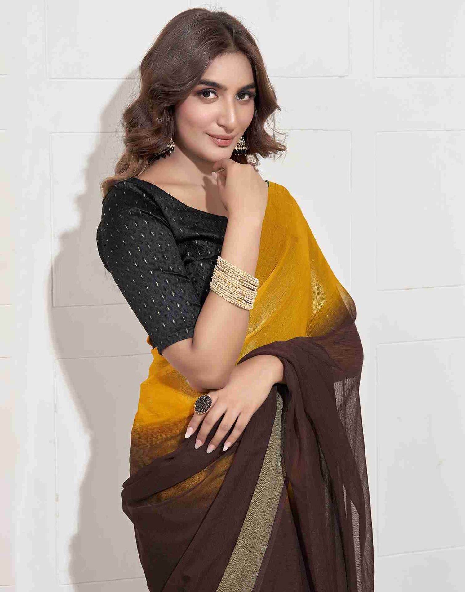 Ready To Wear Dark Brown Chiffon Plain Saree