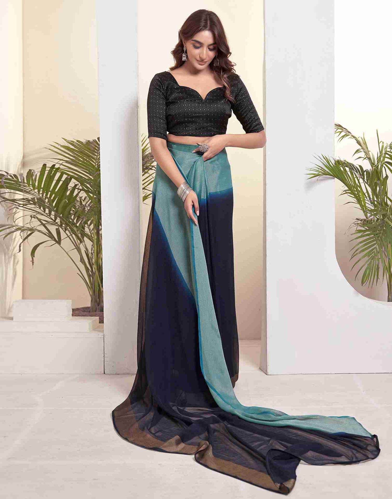 Ready To Wear Navy Blue Chiffon Plain Saree