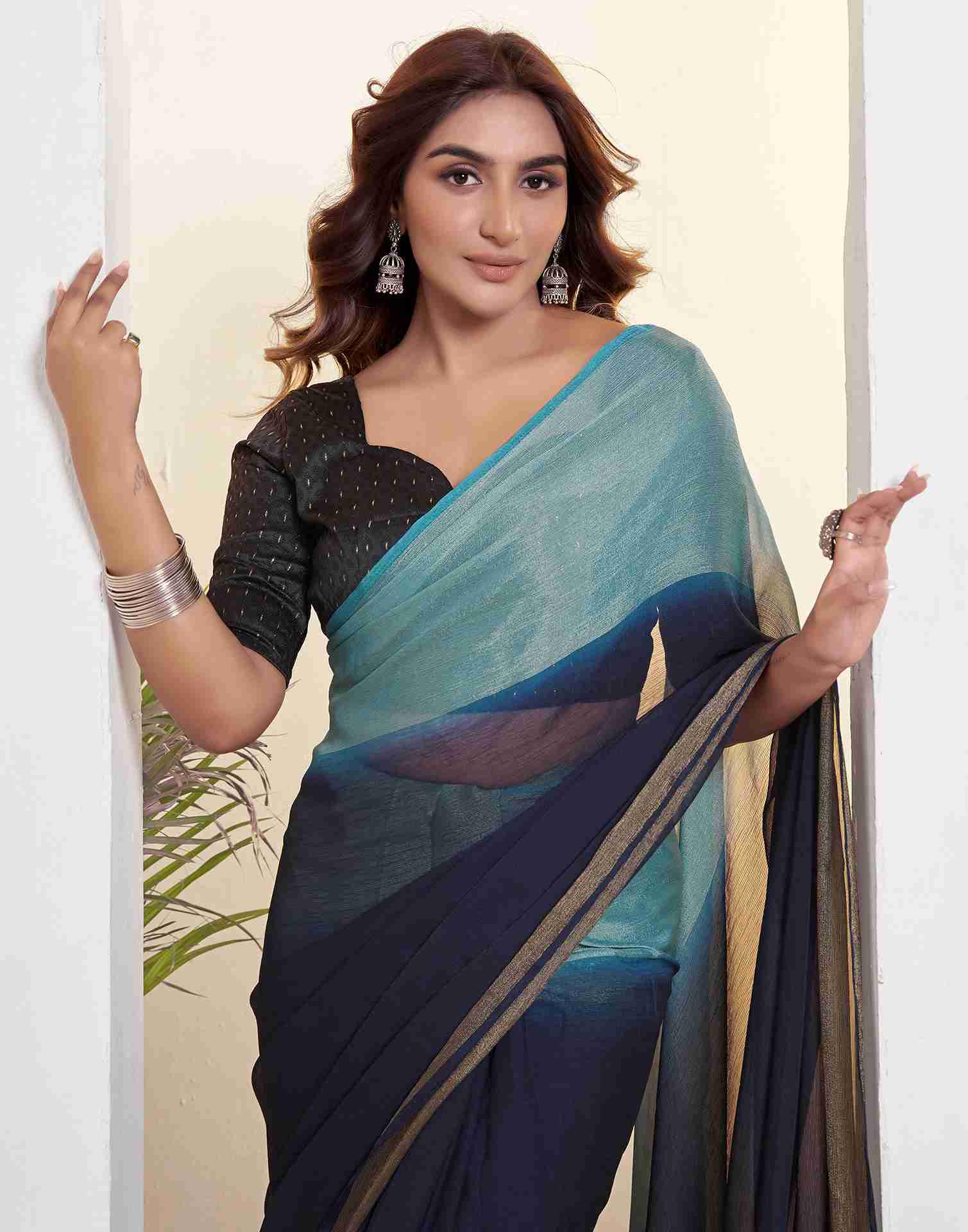 Ready To Wear Navy Blue Chiffon Plain Saree