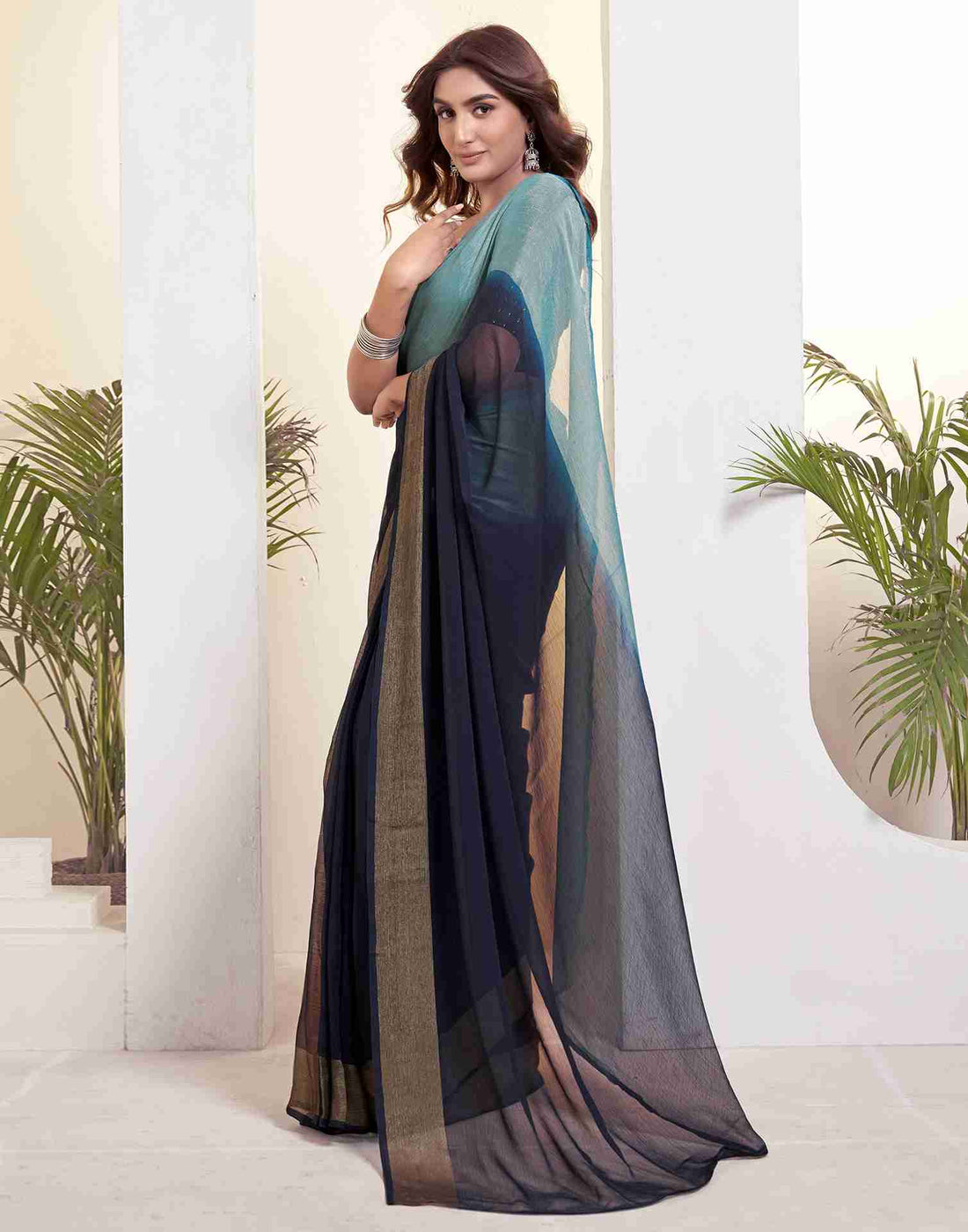 Ready To Wear Navy Blue Chiffon Plain Saree