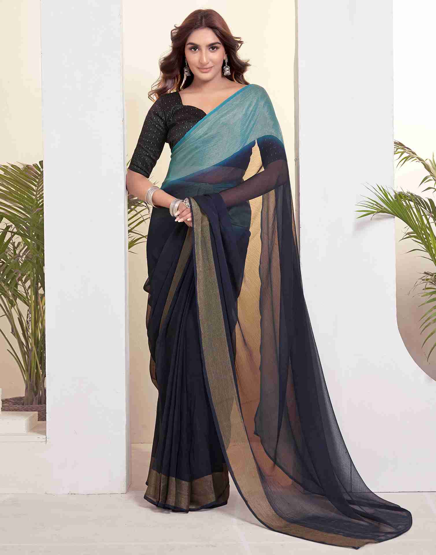 Ready To Wear Navy Blue Chiffon Plain Saree