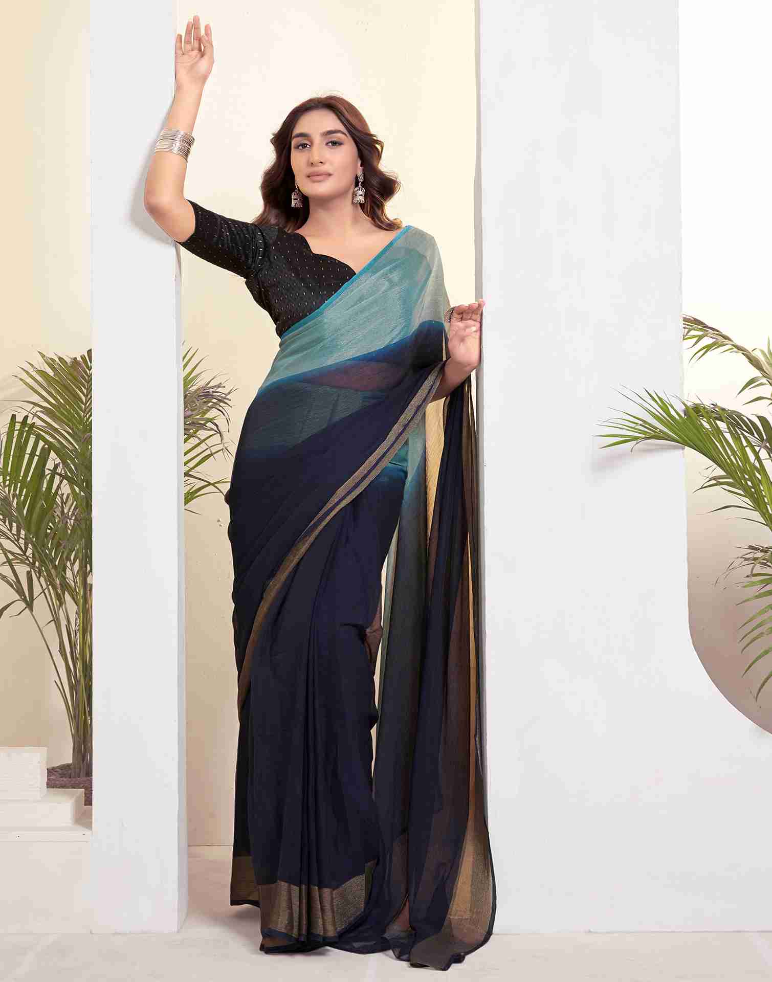 Ready To Wear Navy Blue Chiffon Plain Saree