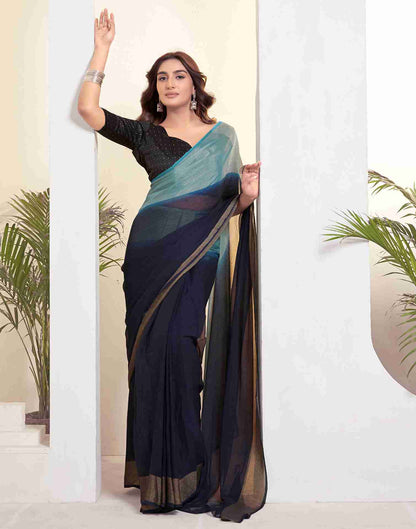 Ready To Wear Navy Blue Chiffon Plain Saree