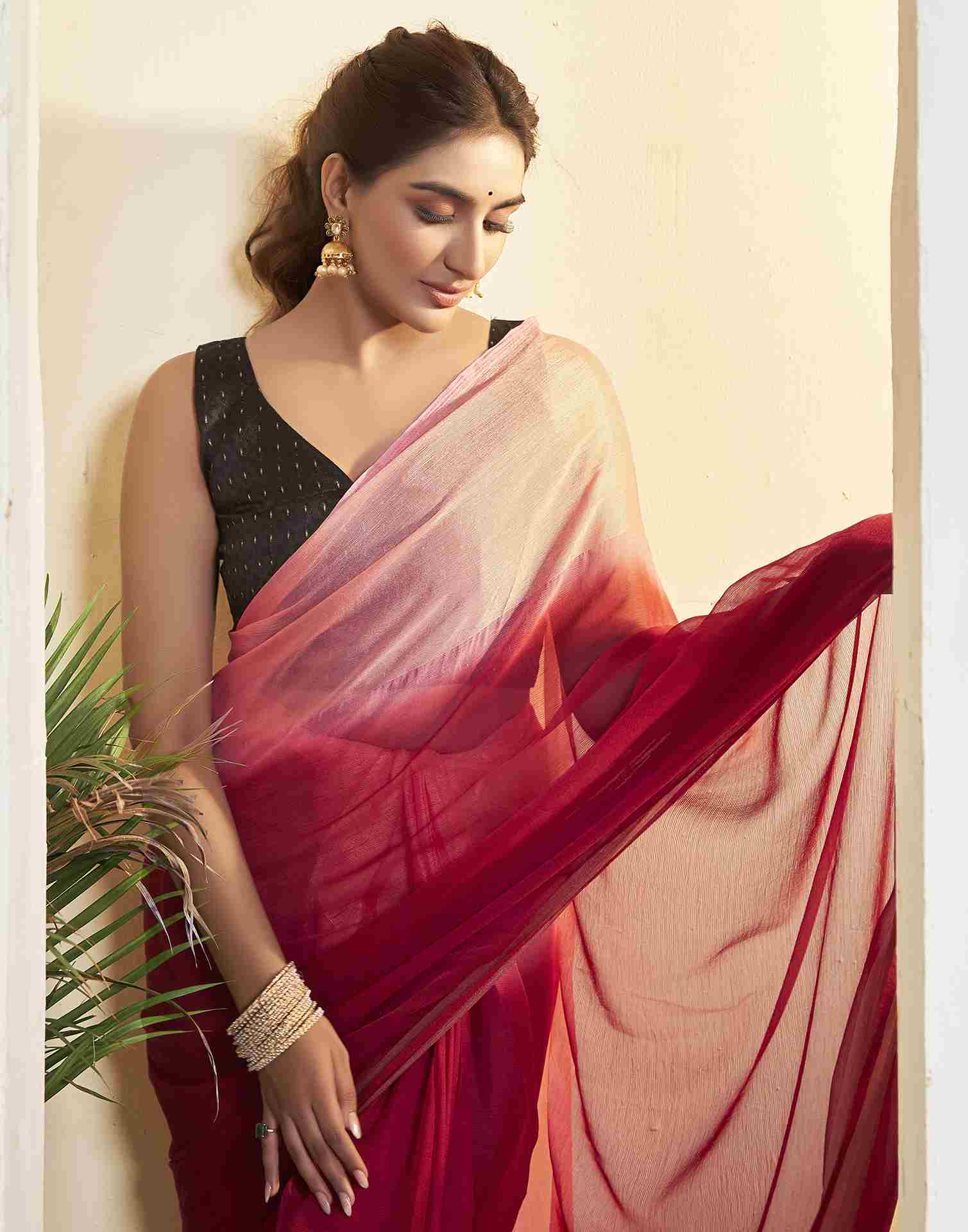 Ready To Wear Maroon Chiffon Plain Saree