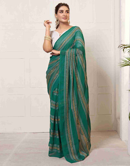 Ready To Wear Bottle Green Georgette Plain Printed Saree