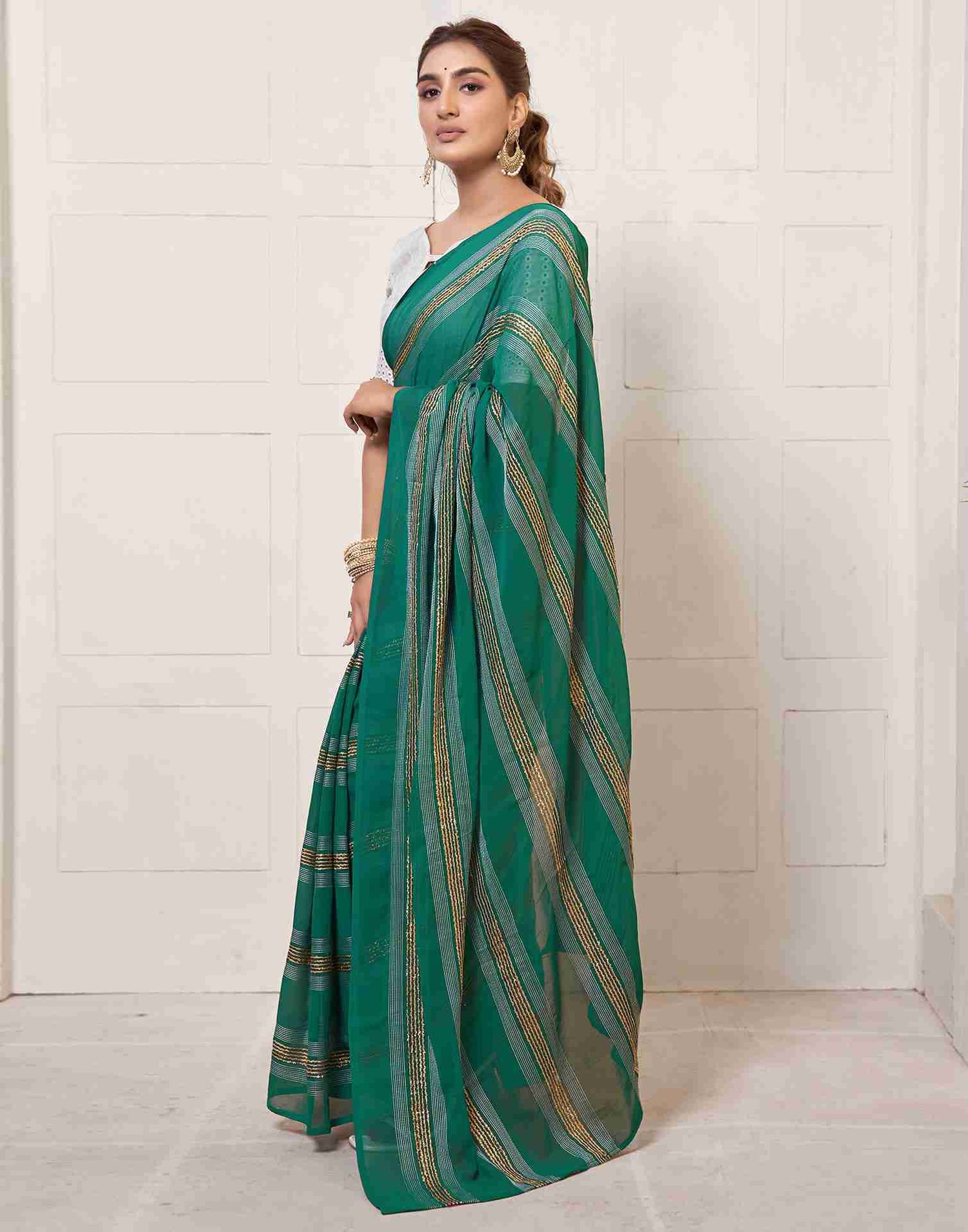 Ready To Wear Bottle Green Georgette Plain Printed Saree