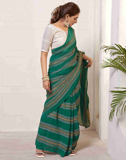 Ready To Wear Bottle Green Georgette Plain Printed Saree