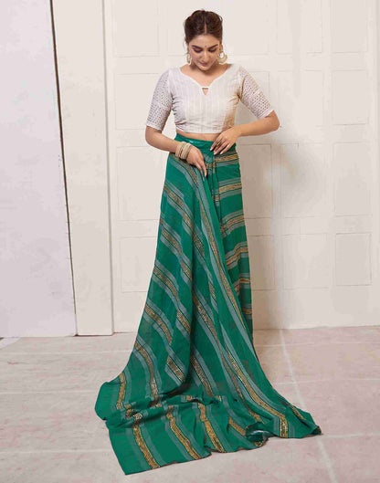 Ready To Wear Bottle Green Georgette Plain Printed Saree