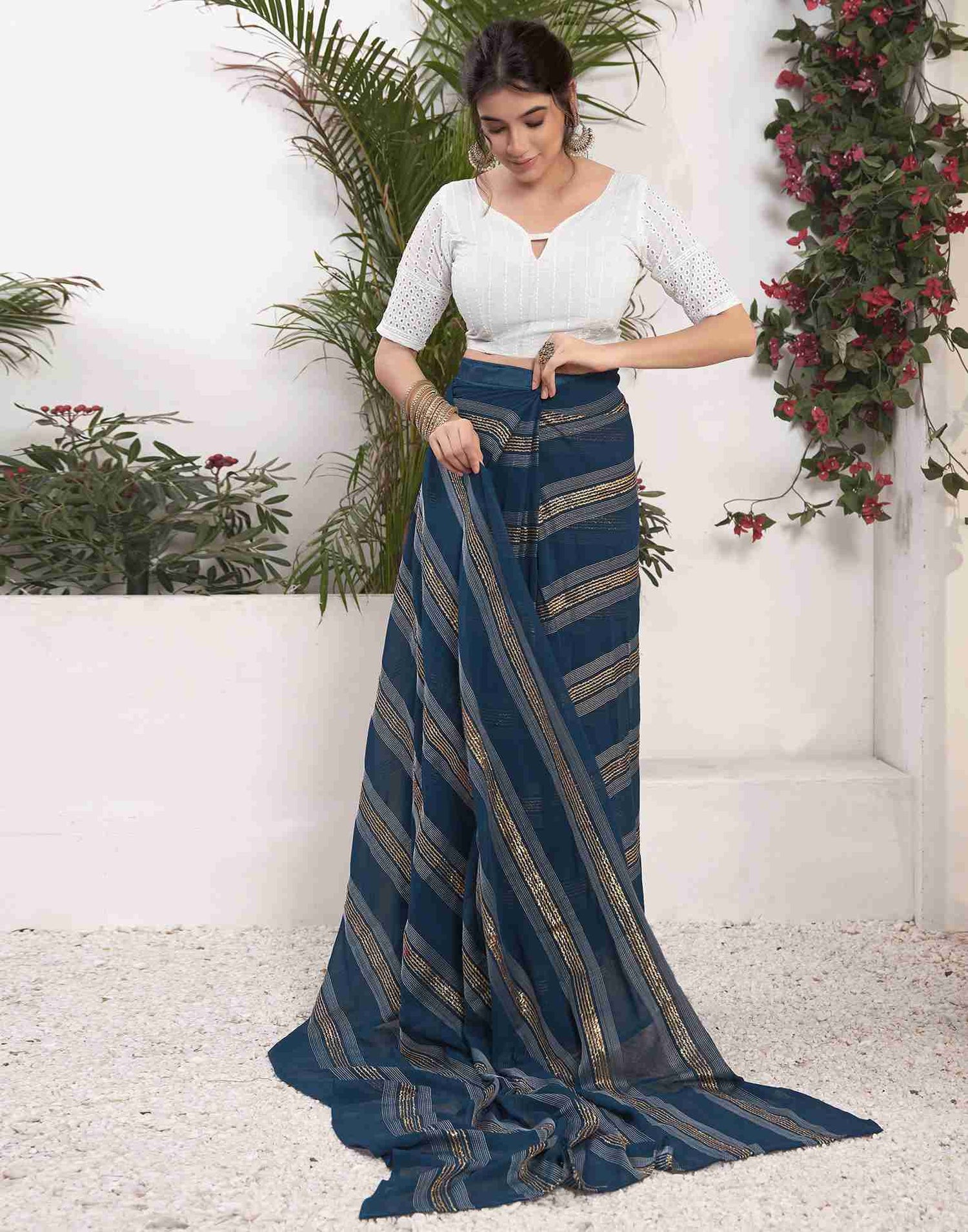 Ready To Wear Sea Blue Georgette Plain Printed Saree