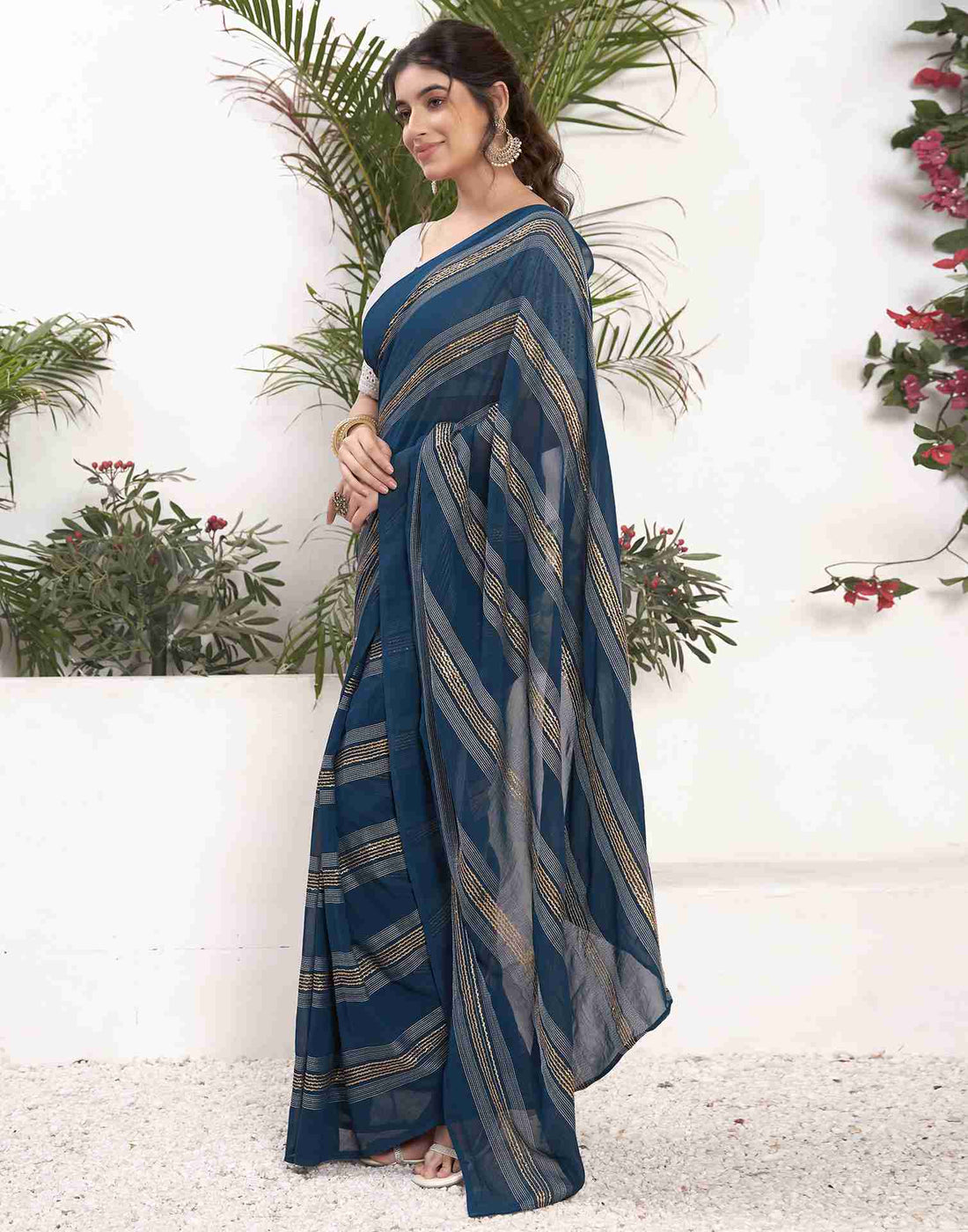 Ready To Wear Sea Blue Georgette Plain Printed Saree