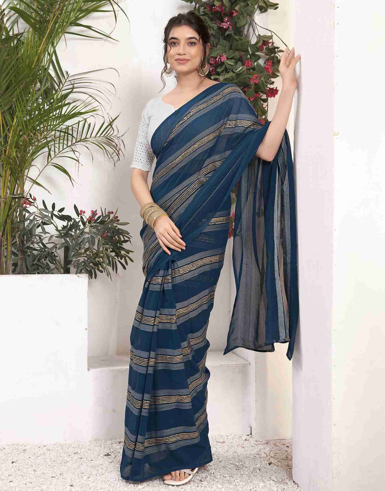 Ready To Wear Sea Blue Georgette Plain Printed Saree