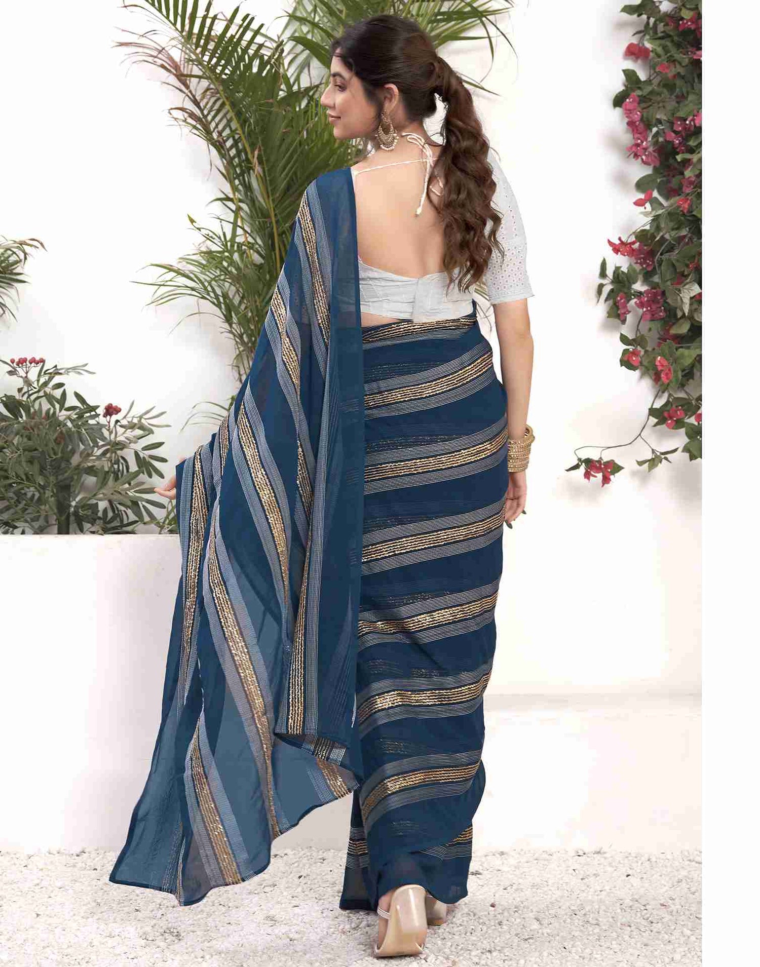 Ready To Wear Sea Blue Georgette Plain Printed Saree