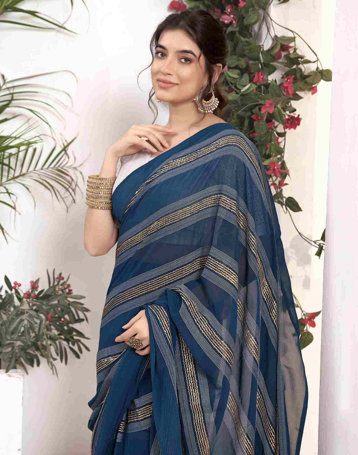 Ready To Wear Sea Blue Georgette Plain Printed Saree