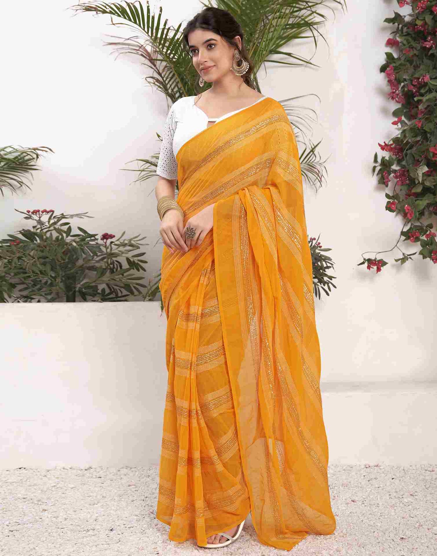 Ready To Wear Yellow Georgette Plain Printed Saree