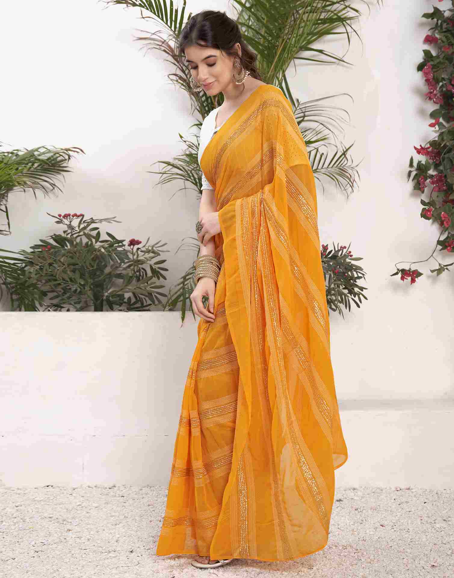 Ready To Wear Yellow Georgette Plain Printed Saree