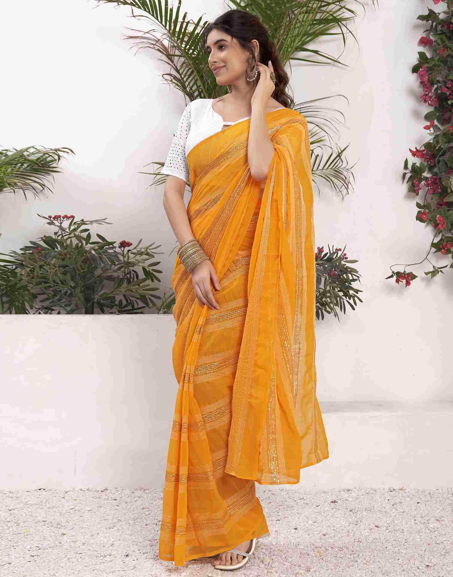 Ready To Wear Yellow Georgette Plain Printed Saree