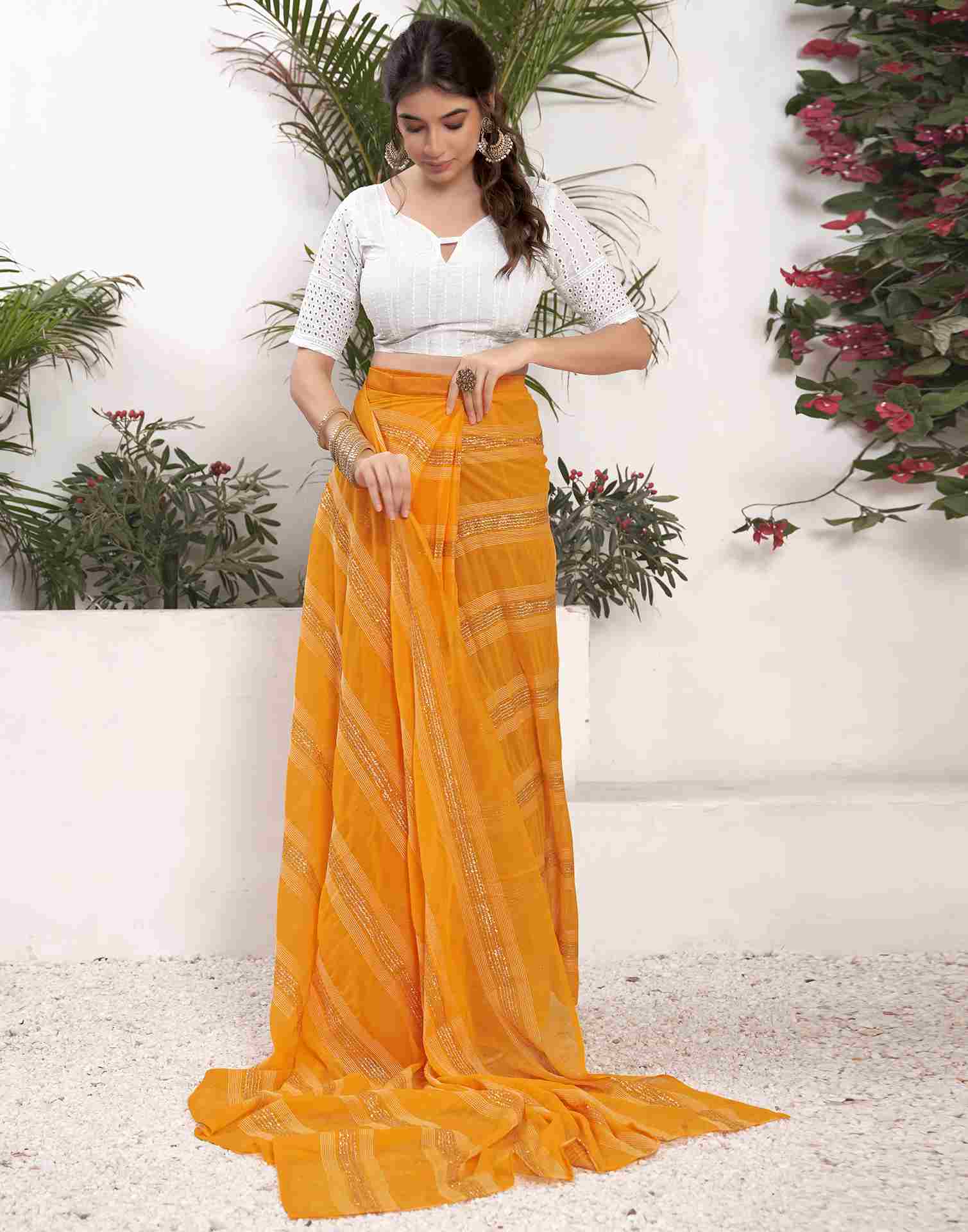 Ready To Wear Yellow Georgette Plain Printed Saree