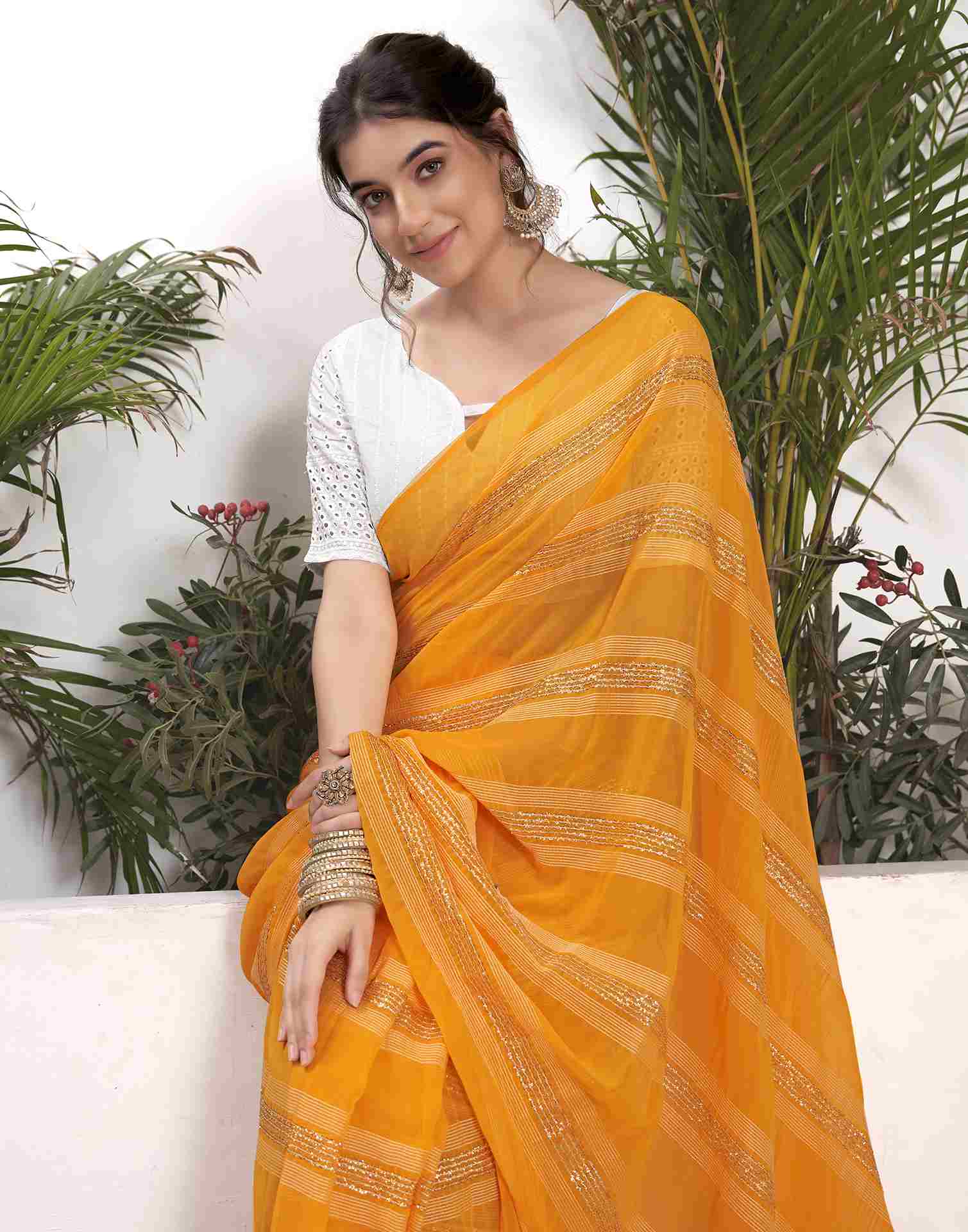 Ready To Wear Yellow Georgette Plain Printed Saree