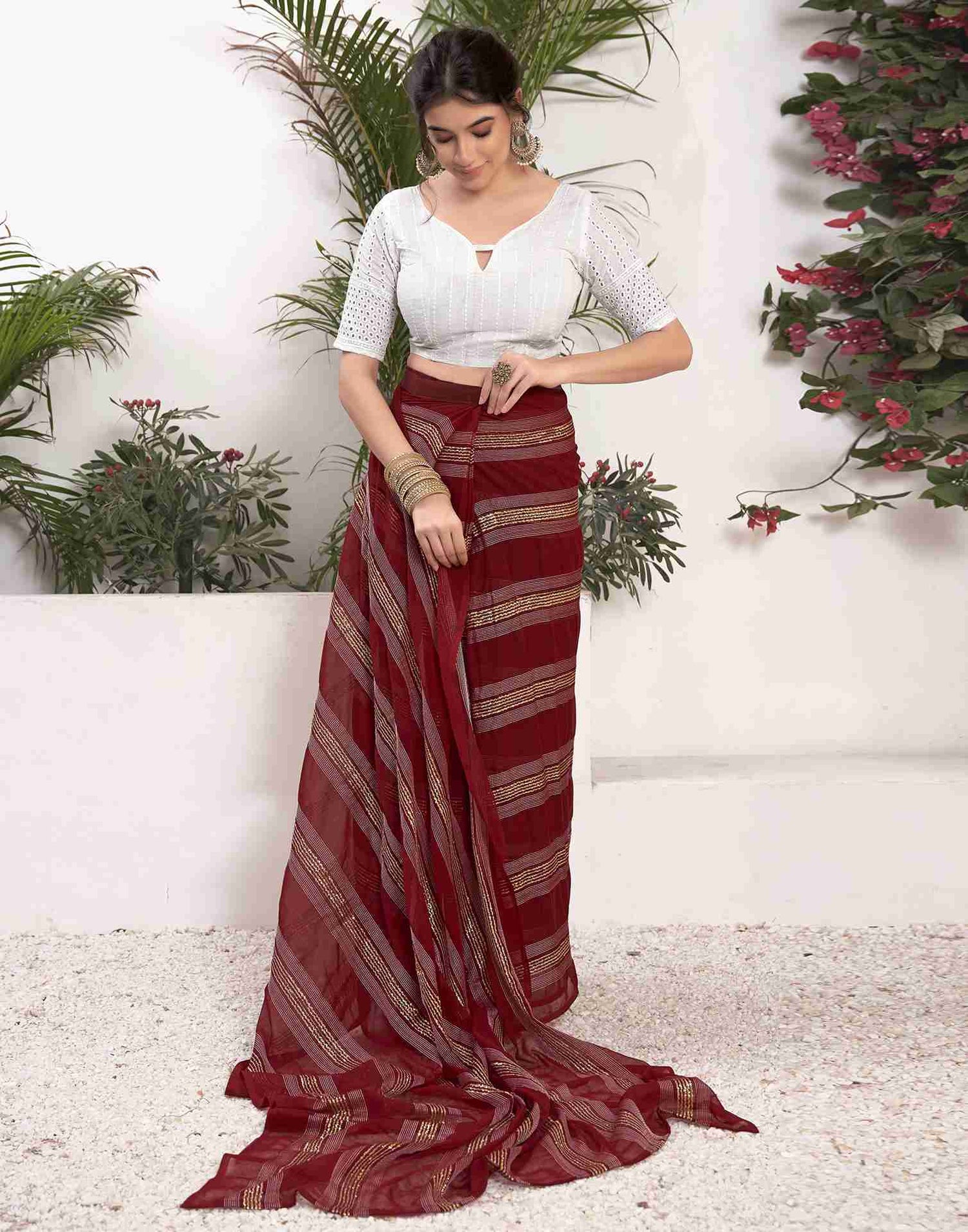 Ready To Wear Maroon Georgette Plain Printed Saree