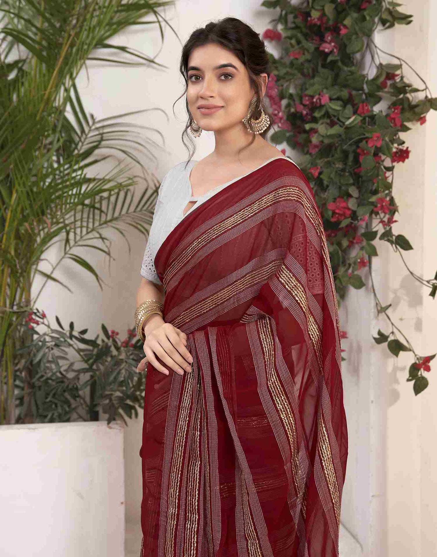 Ready To Wear Maroon Georgette Plain Printed Saree