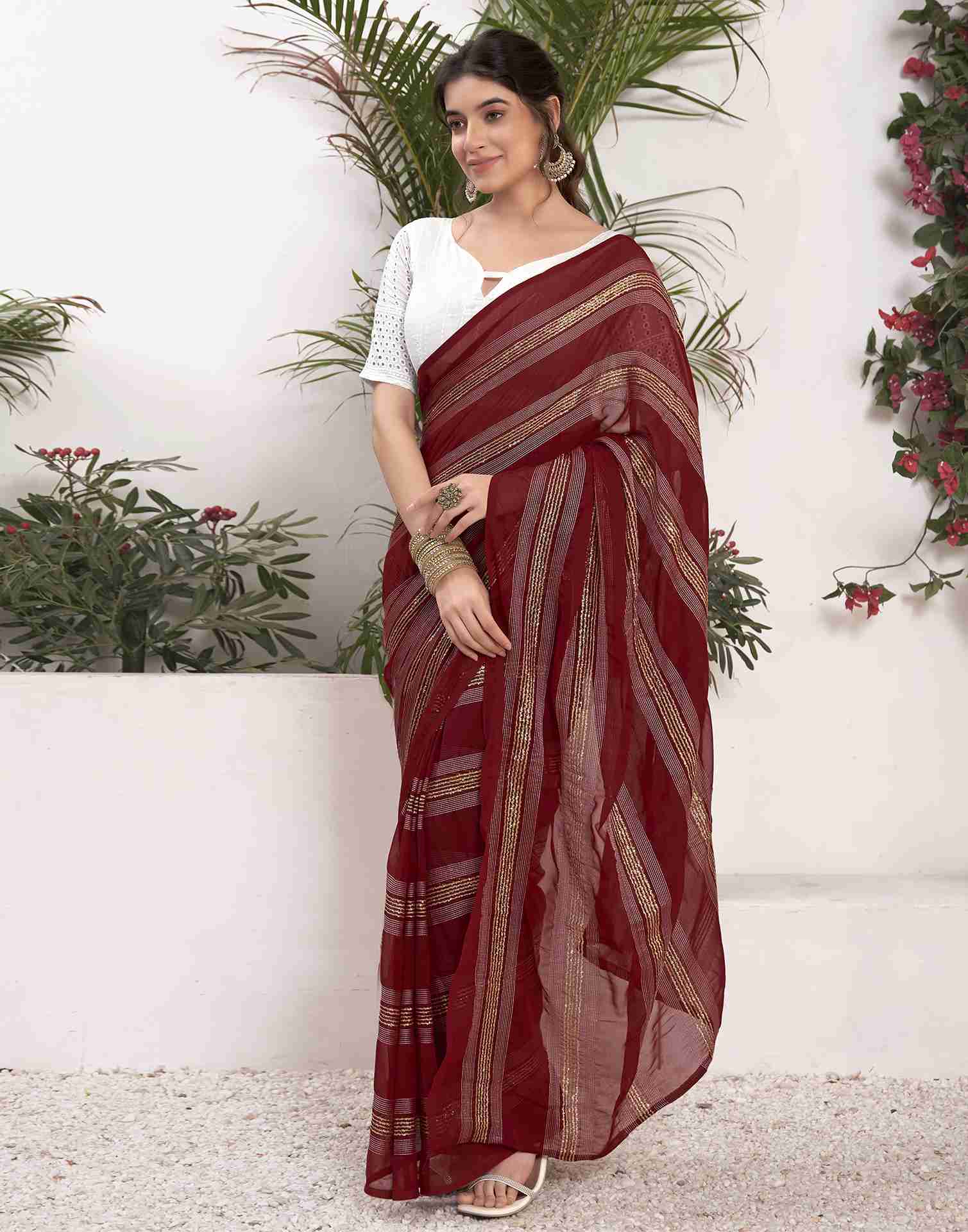 Ready To Wear Maroon Georgette Printed Saree