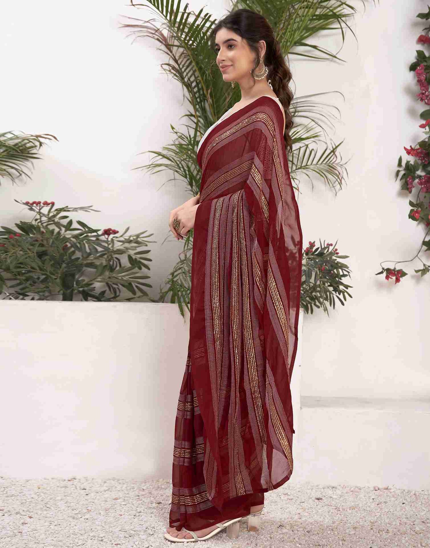 Ready To Wear Maroon Georgette Plain Printed Saree