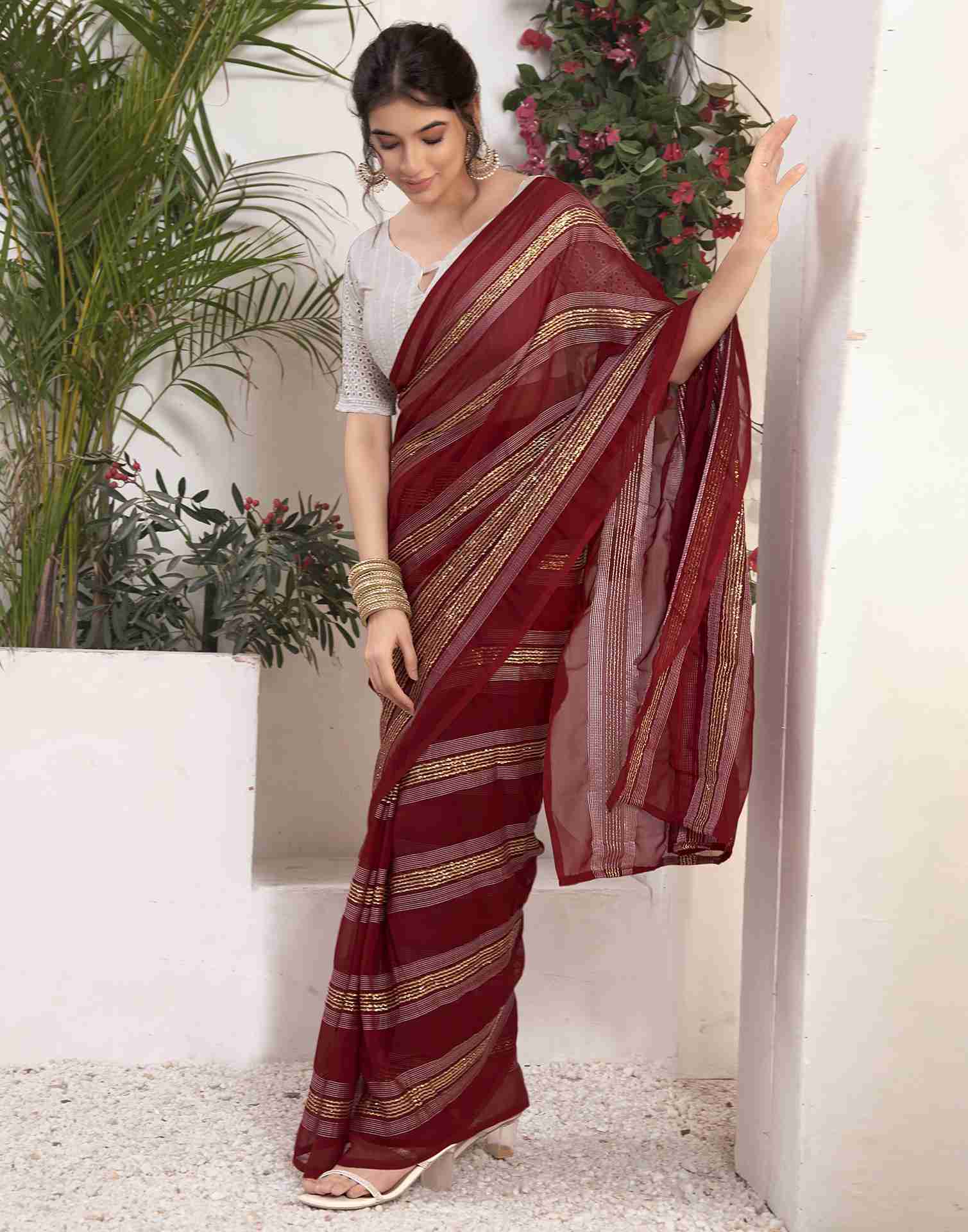 Ready To Wear Maroon Georgette Plain Printed Saree