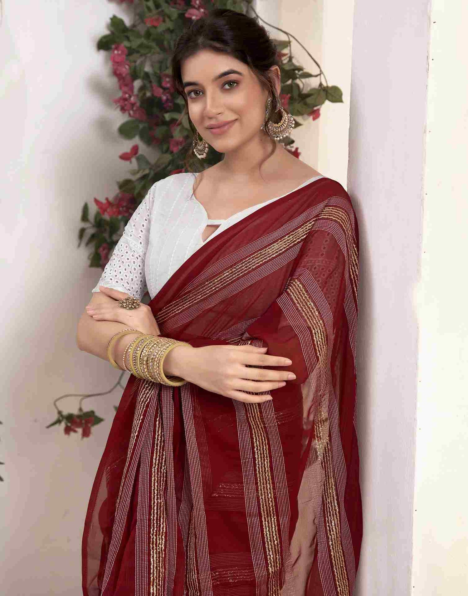 Ready To Wear Maroon Georgette Plain Printed Saree