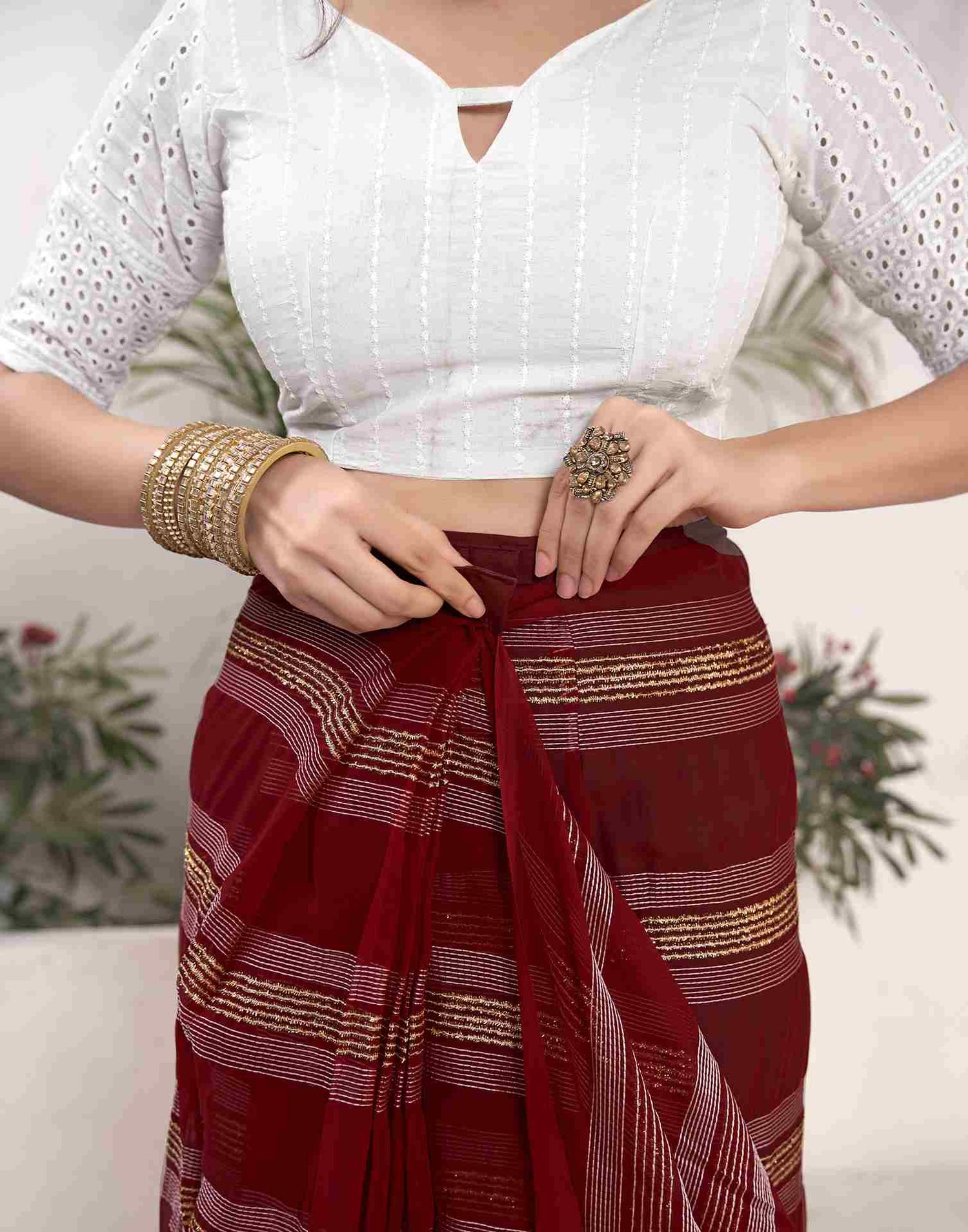 Ready To Wear Maroon Georgette Plain Printed Saree