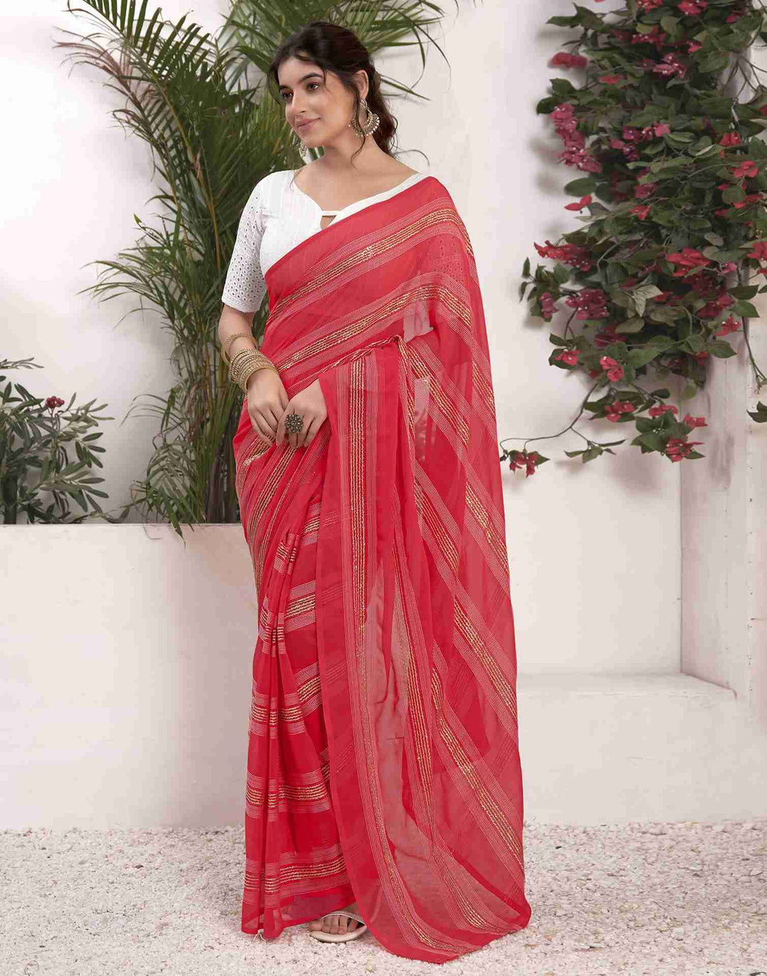 Ready To Wear Punch Pink Georgette Printed Saree