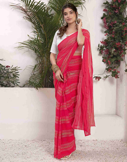 Ready To Wear Punch Pink Georgette Plain Printed Saree