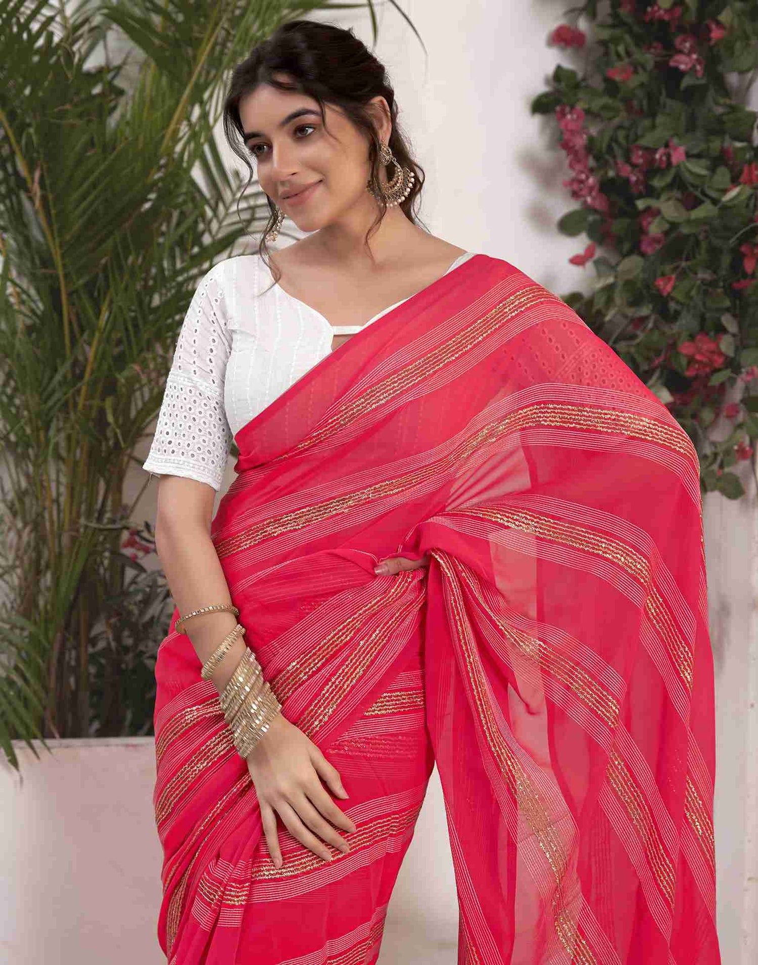 Ready To Wear Punch Pink Georgette Plain Printed Saree