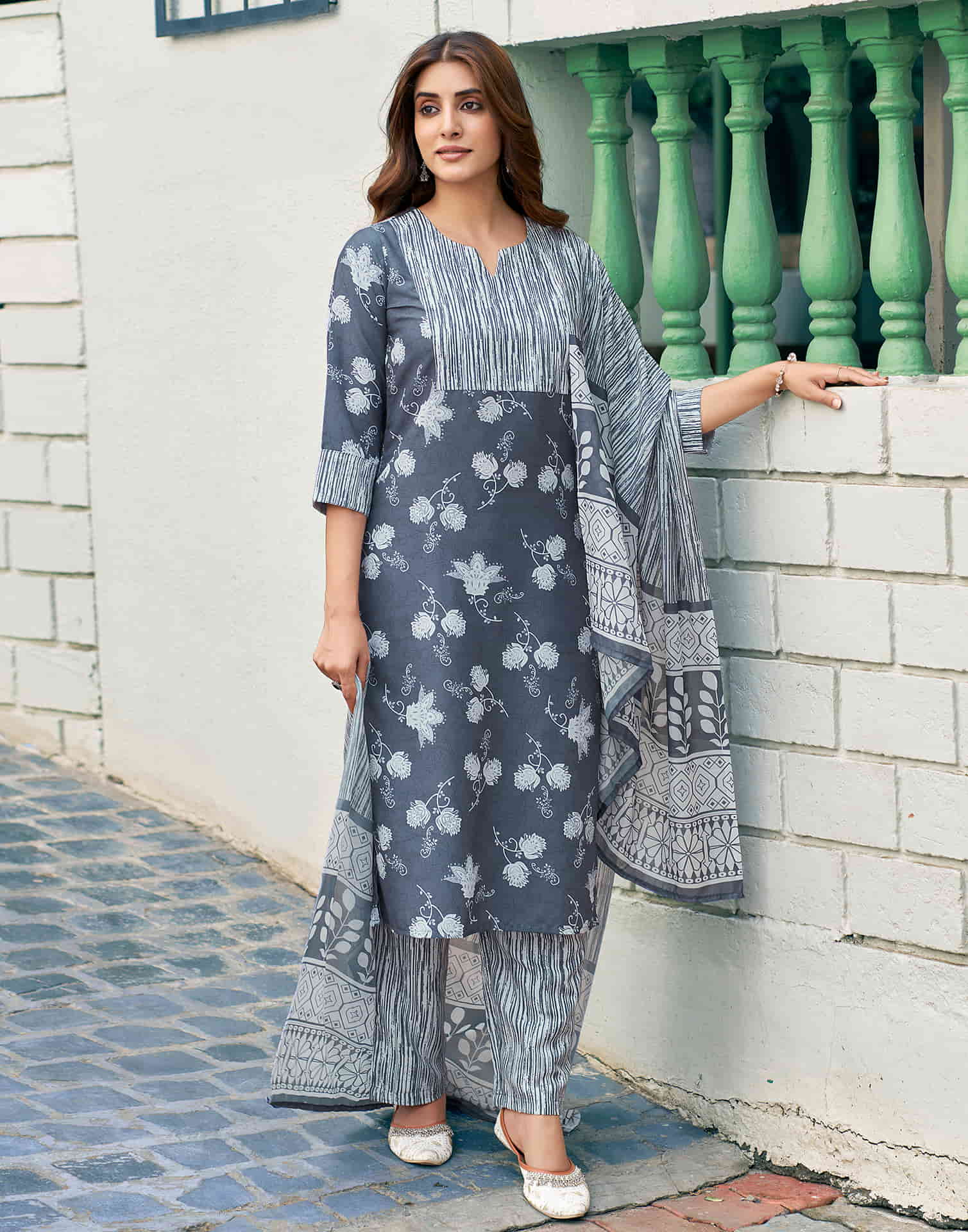 Dark Grey Printed Rayon Straight Kurta With Pant And Dupatta