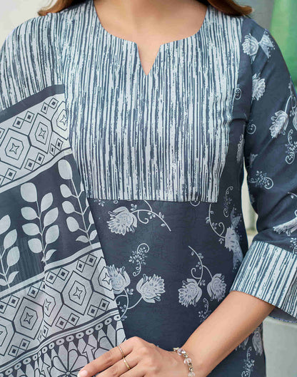 Dark Grey Printed Rayon Straight Kurta With Pant And Dupatta