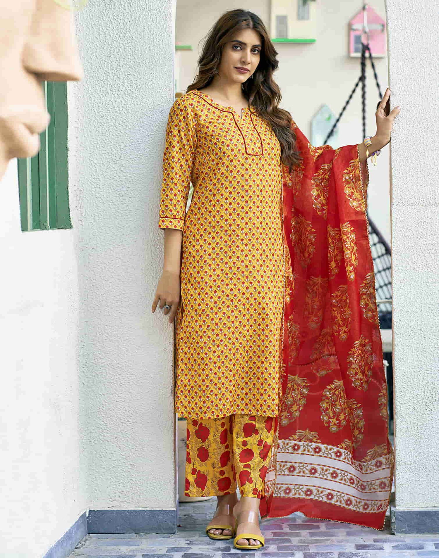 Yellow Printed Rayon Straight Kurta With Pant And Dupatta