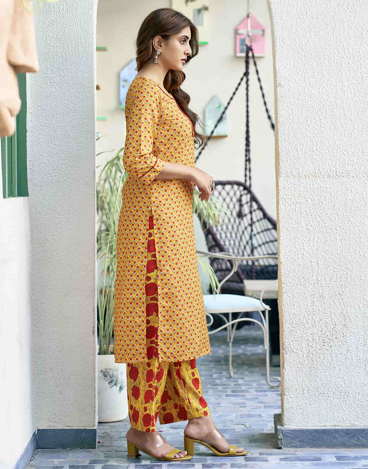 Yellow Printed Rayon Straight Kurta With Pant And Dupatta